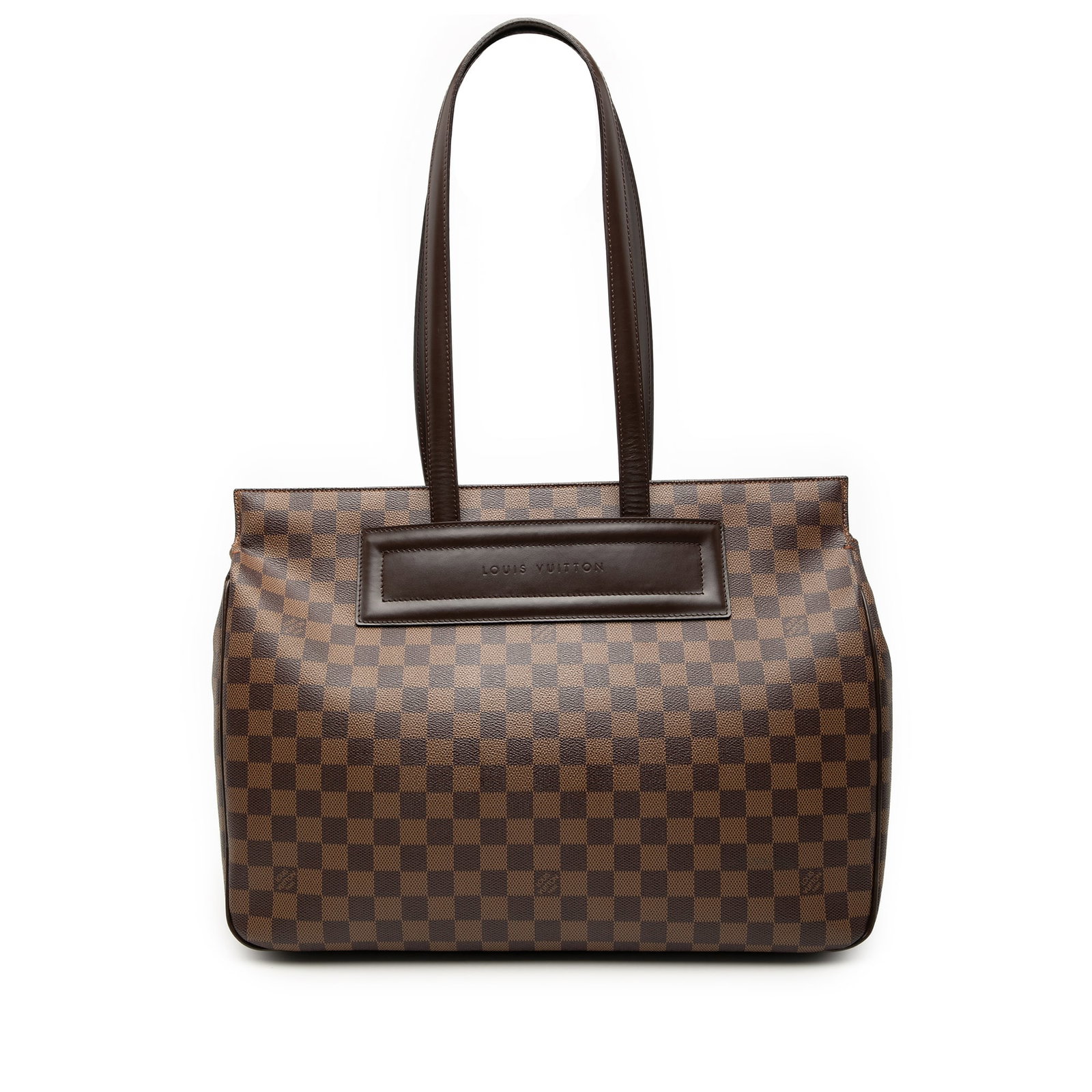 Louis Vuitton Parioli GM Tote in Damier Ebene Canvas with Leather Trim: Louis Vuitton Parioli GM Tote in Damier Ebene Canvas with Leather Trim The Louis Vuitton Damier Ebene Parioli GM is a brown tote bag crafted from signature Damier Ebene canvas with leather trim. It fe