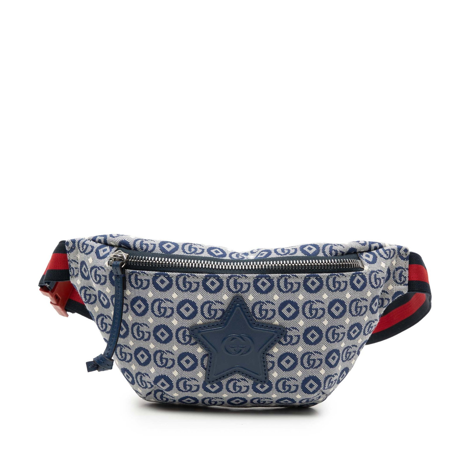 Kids GG Canvas Stars Belt Bag by Gucci with Web Strap: Kids GG Canvas Stars Belt Bag by Gucci with Web Strap This Gucci Kids GG Canvas Stars Web Belt Bag features a printed canvas body with a star motif, a flat adjustable waist strap, and a front zip clos