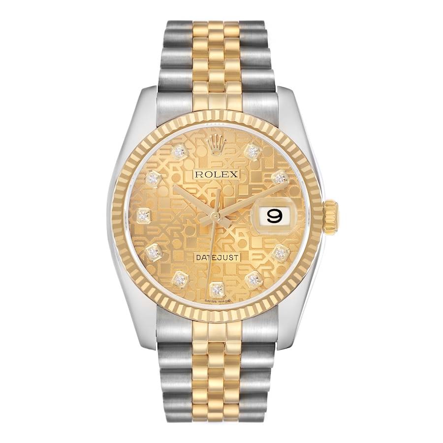 Rolex Datejust Gold Diamond Dial Jubilee Watch Ref 16233G: Rolex Datejust Gold Diamond Dial Jubilee Watch Ref 16233G This Rolex Datejust Gold Anniversary features a diamond dial and is presented on a Jubilee bracelet. The watch includes a fluted bezel and is 