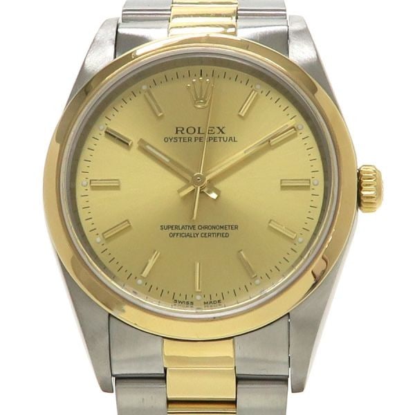 Rolex 34mm Two Tone Oyster Perpetual 14203M Automatic Watch: Rolex 34mm Two Tone Oyster Perpetual 14203M Automatic Watch This pre-owned Rolex Oyster Perpetual 34mm wristwatch for men features a blend of yellow gold and stainless steel, complemented by a classic