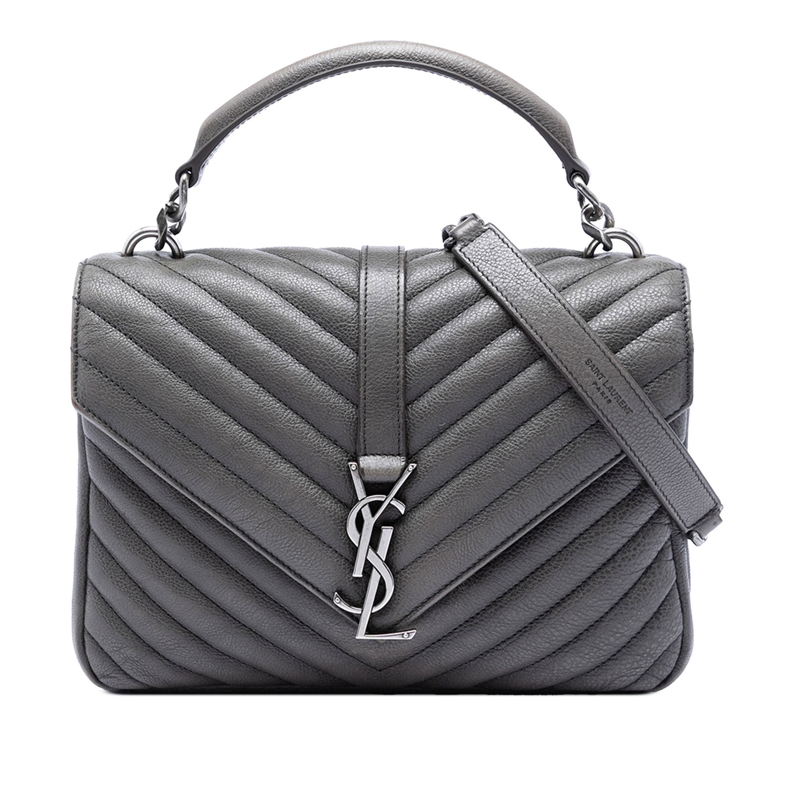 Saint Laurent College Medium Gray Chevron Sheepskin Shoulder Satchel (1 of 6)