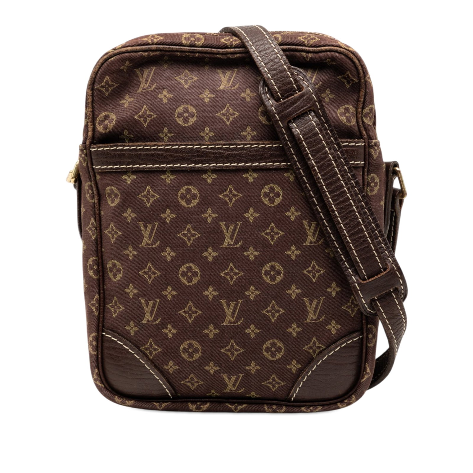 Louis Vuitton Danube Monogram Mini Lin fabric crossbody bag: Louis Vuitton Danube Monogram Mini Lin fabric crossbody bag This Louis Vuitton Monogram Mini Lin Danube bag features a monogram cotton body with a flat leather strap, top zip closure, exterior front s