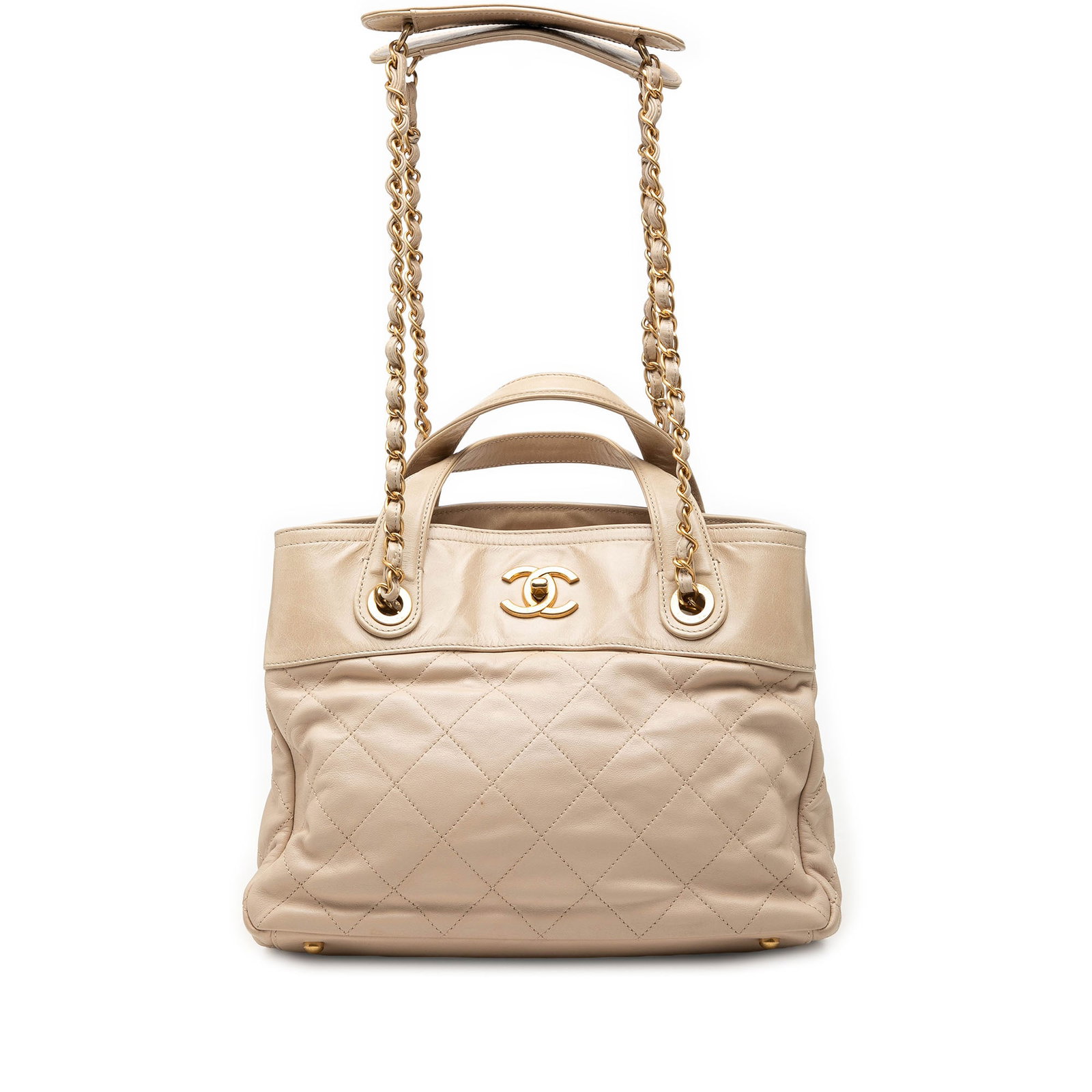 Chanel In The Mix Small Quilted Calfskin Leather Satchel Beige: Chanel In The Mix Small Quilted Calfskin Leather Satchel Beige Chanel Small Quilted Calfskin In The Mix Satchel in beige leather, made in Italy. It features a quilted leather body, flat leather handle
