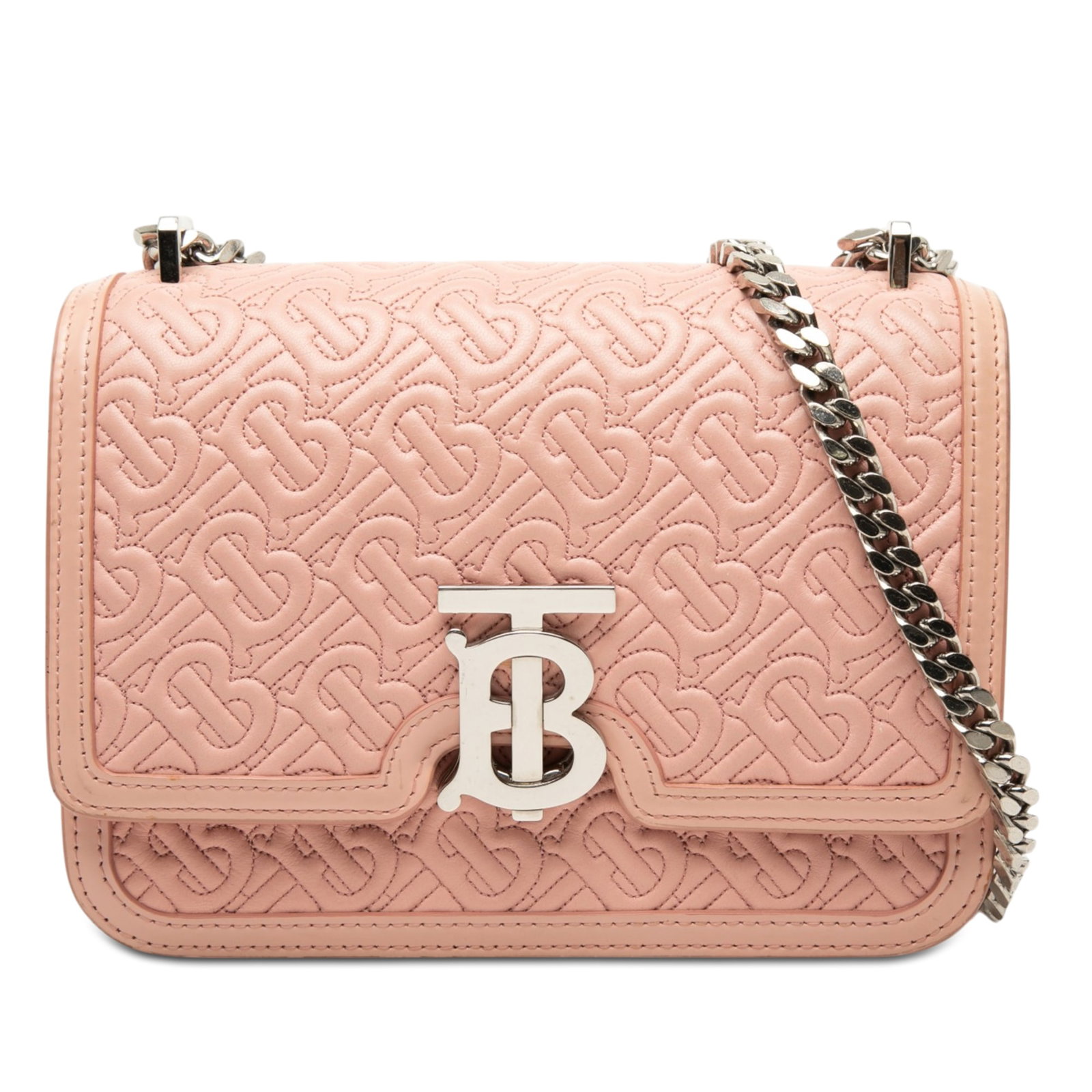 Burberry TB Monogram Small Pink Calfskin Shoulder Bag: Burberry TB Monogram Small Pink Calfskin Shoulder Bag Burberry Small TB Monogram embossed calfskin chain shoulder bag in pink. This shoulder bag features an embossed leather body, a silver-tone curb c