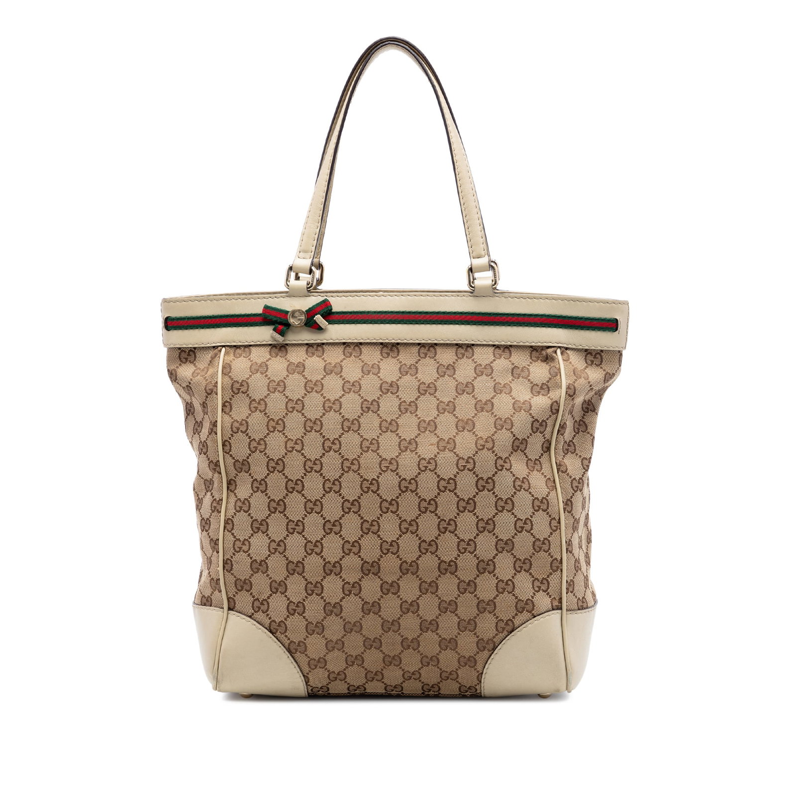 Gucci Mayfair Tote GG Canvas Web Beige Bag: Gucci Mayfair Tote GG Canvas Web Beige Bag Gucci GG Canvas Web Mayfair Tote in beige, featuring a canvas body with leather trim, flat leather straps, an open top with magnetic snap closure, and interi