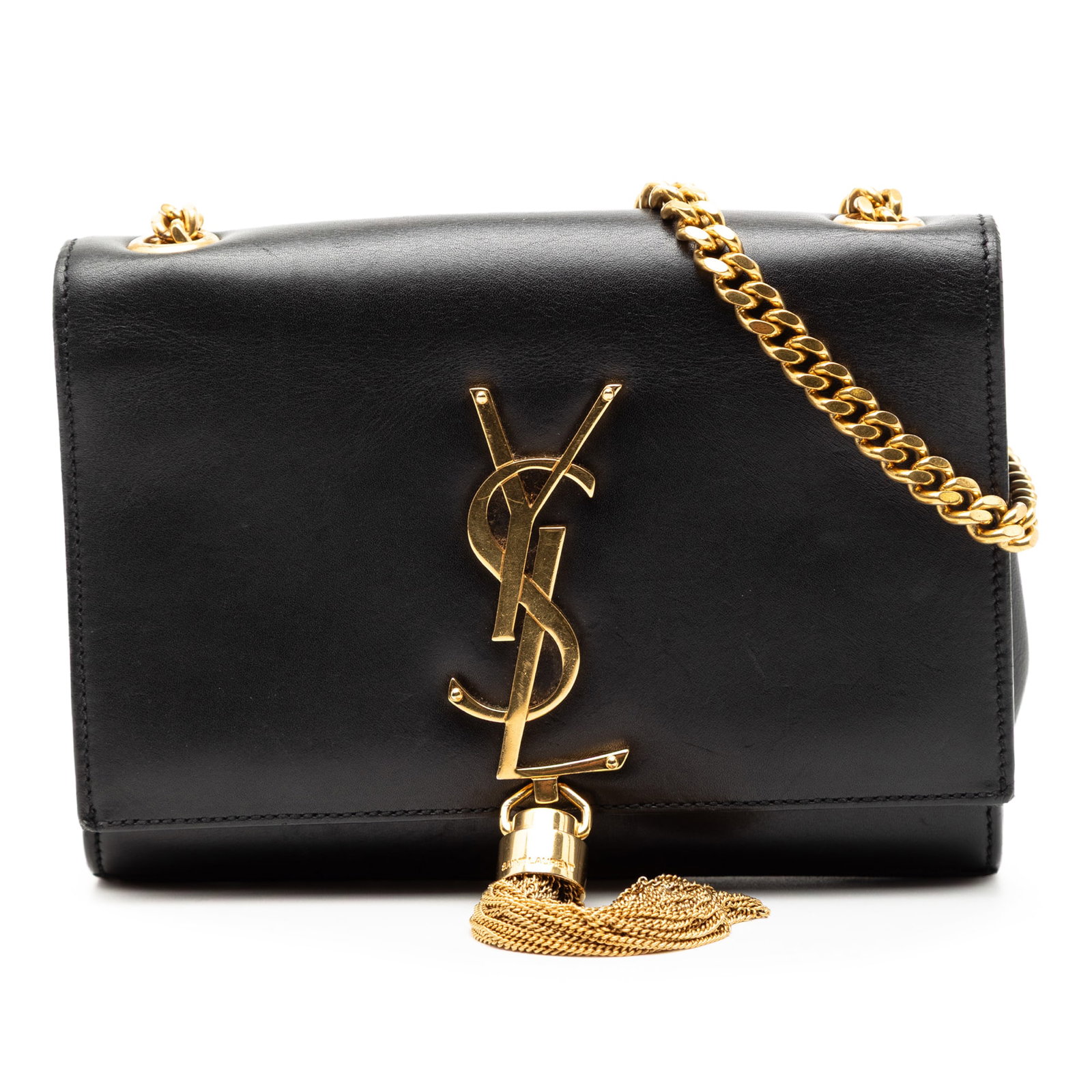 Saint Laurent Kate Small Black Leather Crossbody Bag with Tassel Detail: Saint Laurent Kate Small Black Leather Crossbody Bag with Tassel Detail This Saint Laurent Small Smooth Calfskin Monogram Kate Tassel Crossbody bag features a black leather body accented with a signat