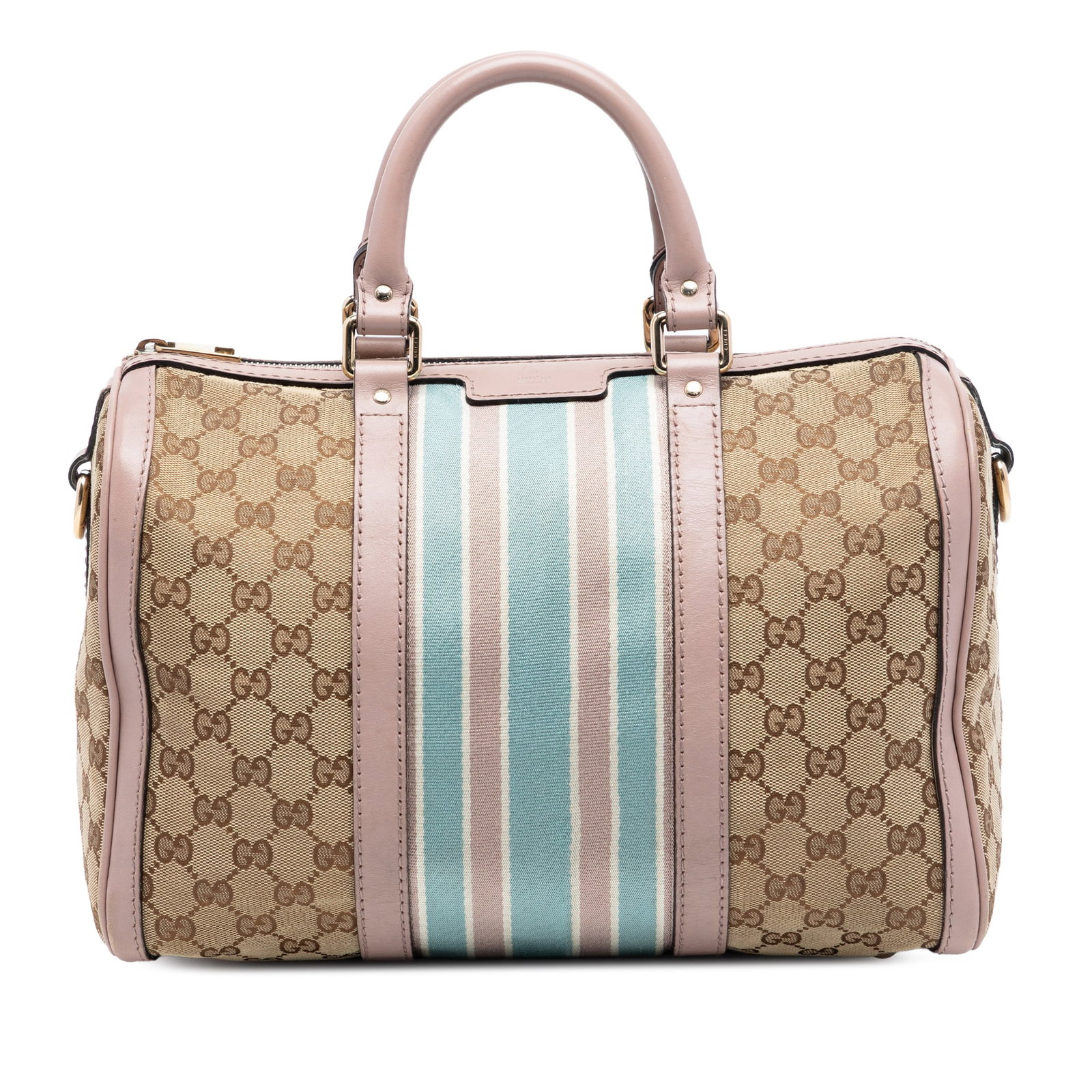 Gucci Joy Boston canvas satchel with web detail: Gucci Joy Boston canvas satchel with web detail This Gucci Medium GG Canvas Web Joy Boston Bag features a beige canvas body with signature web detailing and leather trim. It is equipped with rolled le