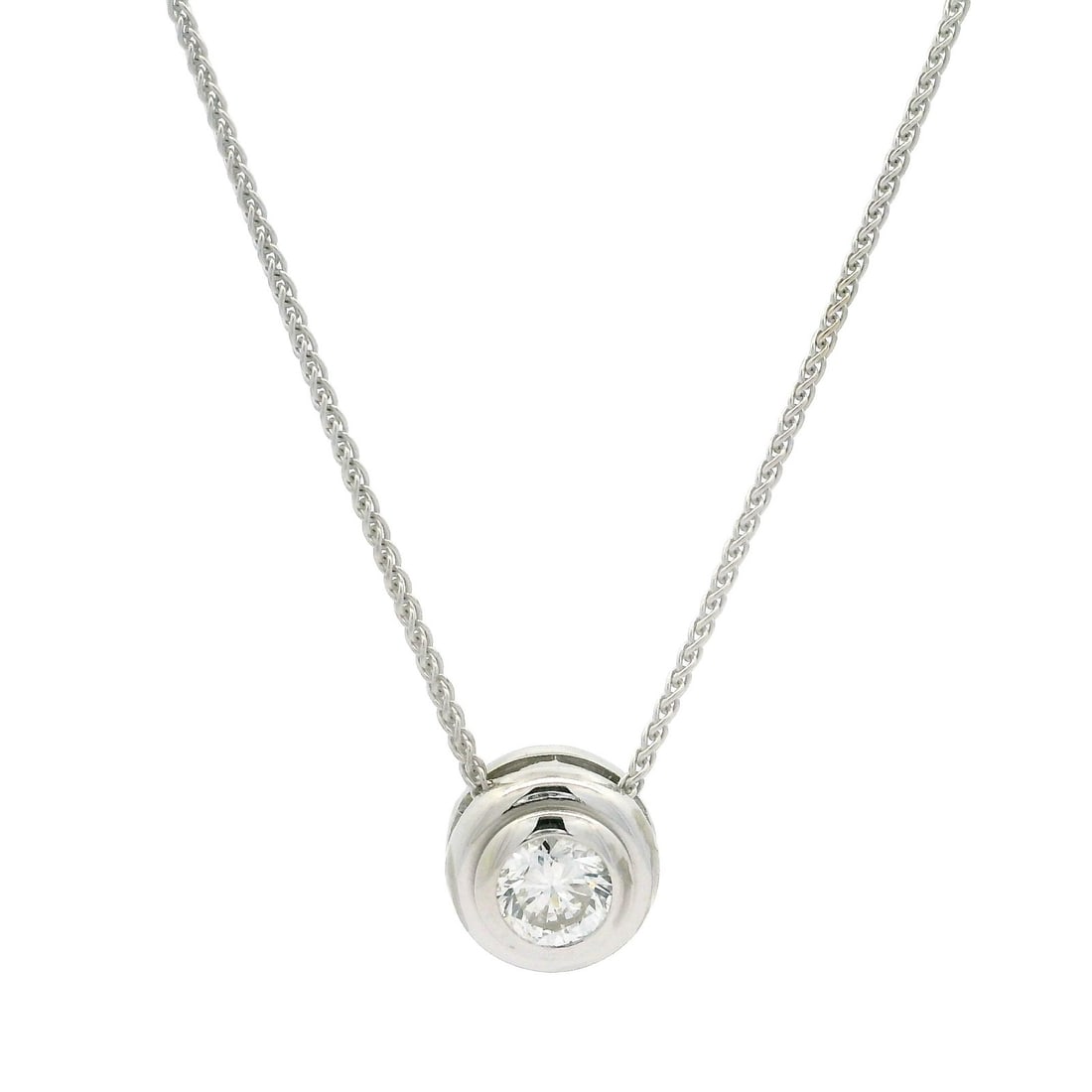14k White Gold 0.40ct Round Diamond Solitaire Pendant Necklace: 14k White Gold 0.40ct Round Diamond Solitaire Pendant Necklace This exquisite necklace features a stunning solitaire slide pendant crafted from solid 14k white gold. The centerpiece is a natural round