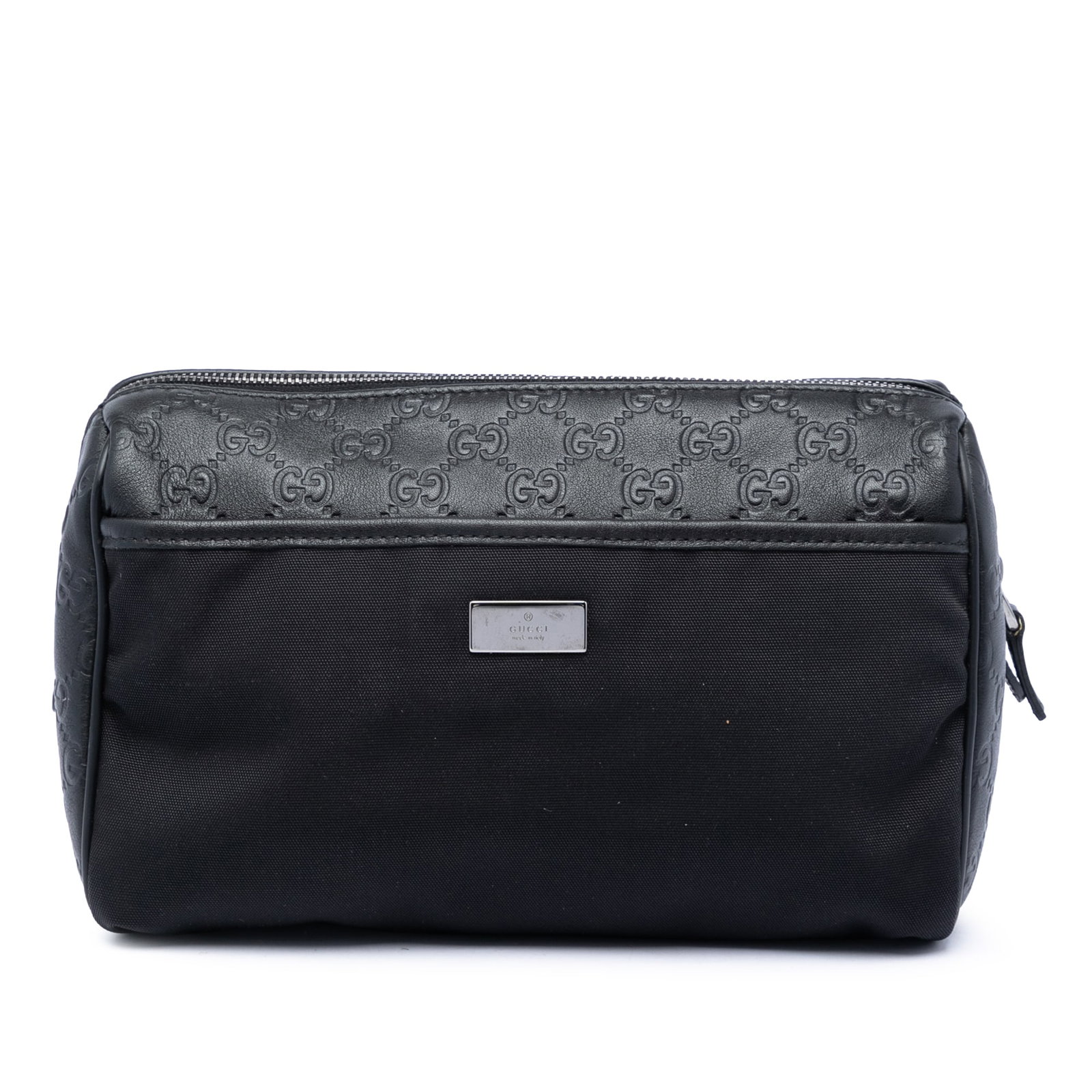 Gucci Guccissima Black Nylon Zip Clutch Bag: Gucci Guccissima Black Nylon Zip Clutch Bag Guccissima Trimmed Nylon Clutch by Gucci, made in Italy. This black clutch bag features an embossed leather and nylon body with a top zip closure. It is cat