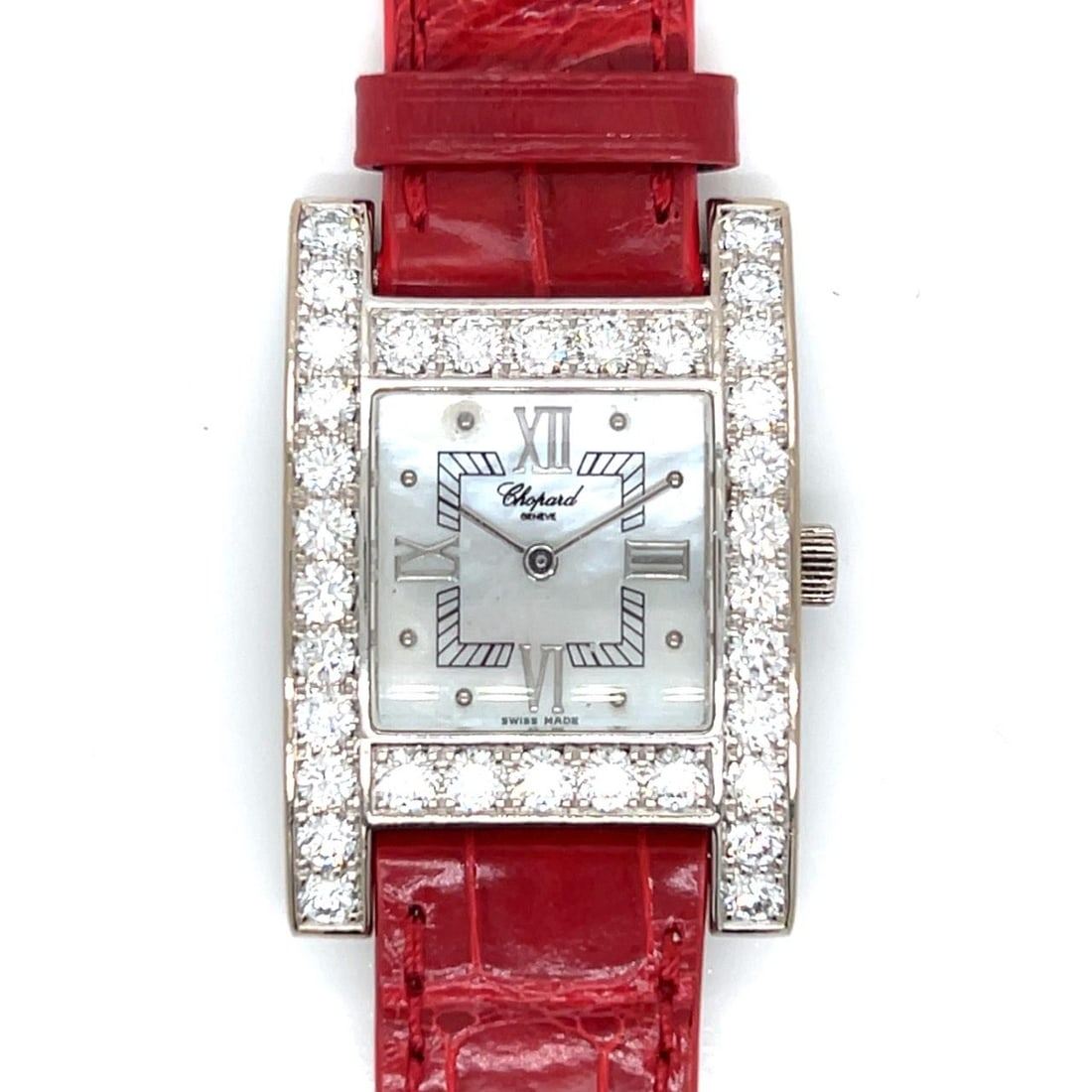 18K White Gold Chopard H Diamond Watch with Mother of Pearl Dial: 18K White Gold Chopard H Diamond Watch with Mother of Pearl Dial This Chopard H watch features an 18K white gold case and is adorned with 34 original diamonds totaling approximately 4.00 carats, with 
