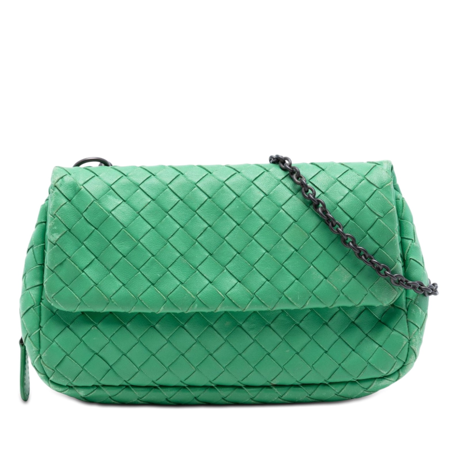 Bottega Veneta Intrecciato Mini Leather Chain Flap Crossbody Bag: Bottega Veneta Intrecciato Mini Leather Chain Flap Crossbody Bag Bottega Veneta Mini Nappa Intrecciato Expandable Chain Flap Crossbody in green leather with a woven body and chain link strap. The desi