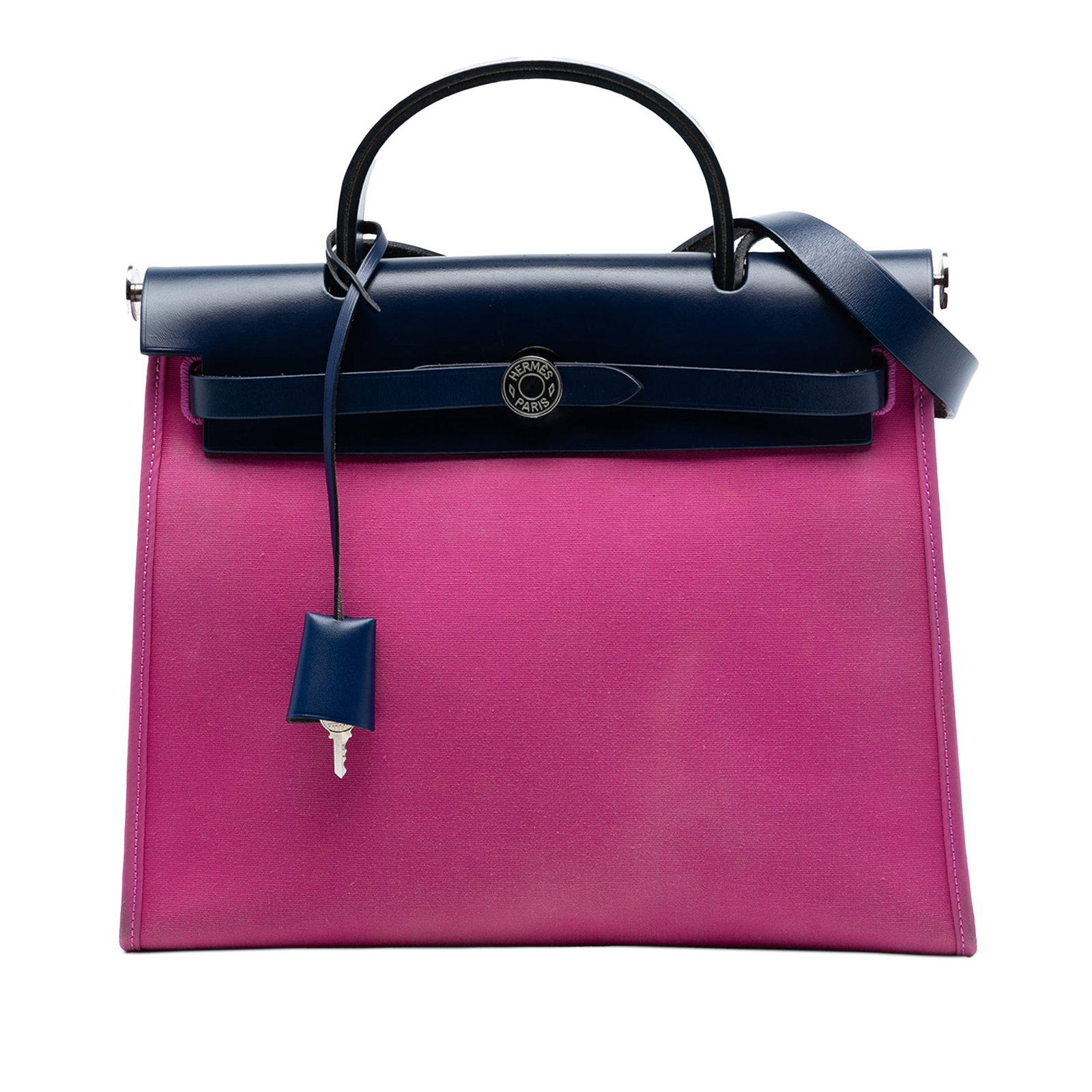 Pink Canvas Herbag Zip 31 Satchel with Leather Trim by Hermes: Pink Canvas Herbag Zip 31 Satchel with Leather Trim by Hermes The Hermes Toile Herbag Zip 31 is a stylish satchel featuring a canvas body with a flat leather top handle and strap. It has a front flap 