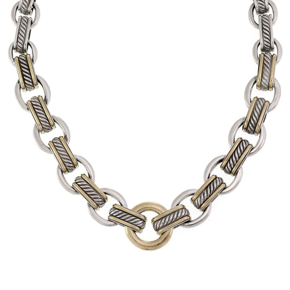David Yurman Sterling Silver 18k Gold Collar Necklace with Oval Links: David Yurman Sterling Silver 18k Gold Collar Necklace with Oval Links Discover the elegance of this authentic David Yurman collar necklace, expertly crafted from sterling silver and adorned with 18k y