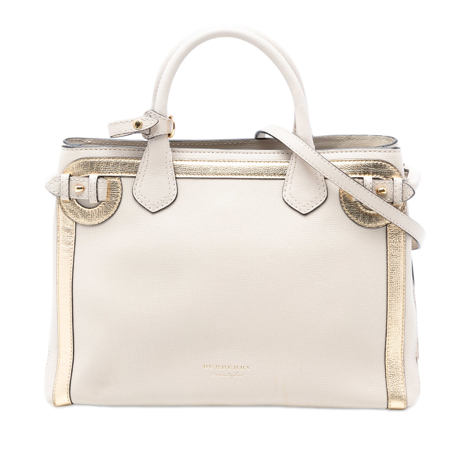 Medium White Leather Banner Satchel with House Check Trim by Burberry: Medium White Leather Banner Satchel with House Check Trim by Burberry This Burberry medium Banner satchel is crafted from calf leather with metallic leather and canvas trim. It features rolled leather