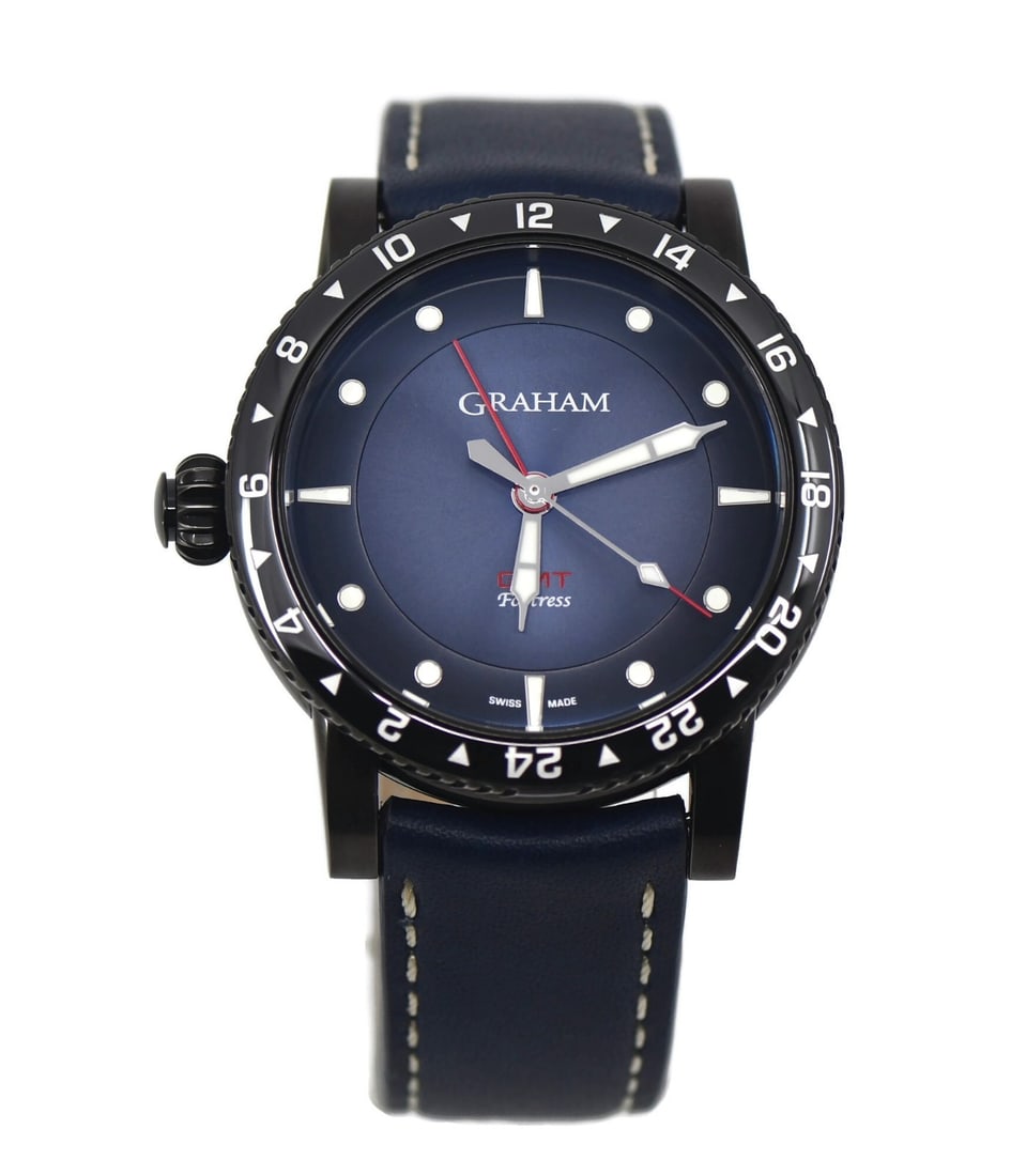 Garaham Fortress GMT 44mm Swiss Automatic Leather Strap Watch: Garaham Fortress GMT 44mm Swiss Automatic Leather Strap Watch This Garaham Fortress GMT wristwatch features a robust 44mm stainless steel case paired with a blue analog dial and a leather band. Powere