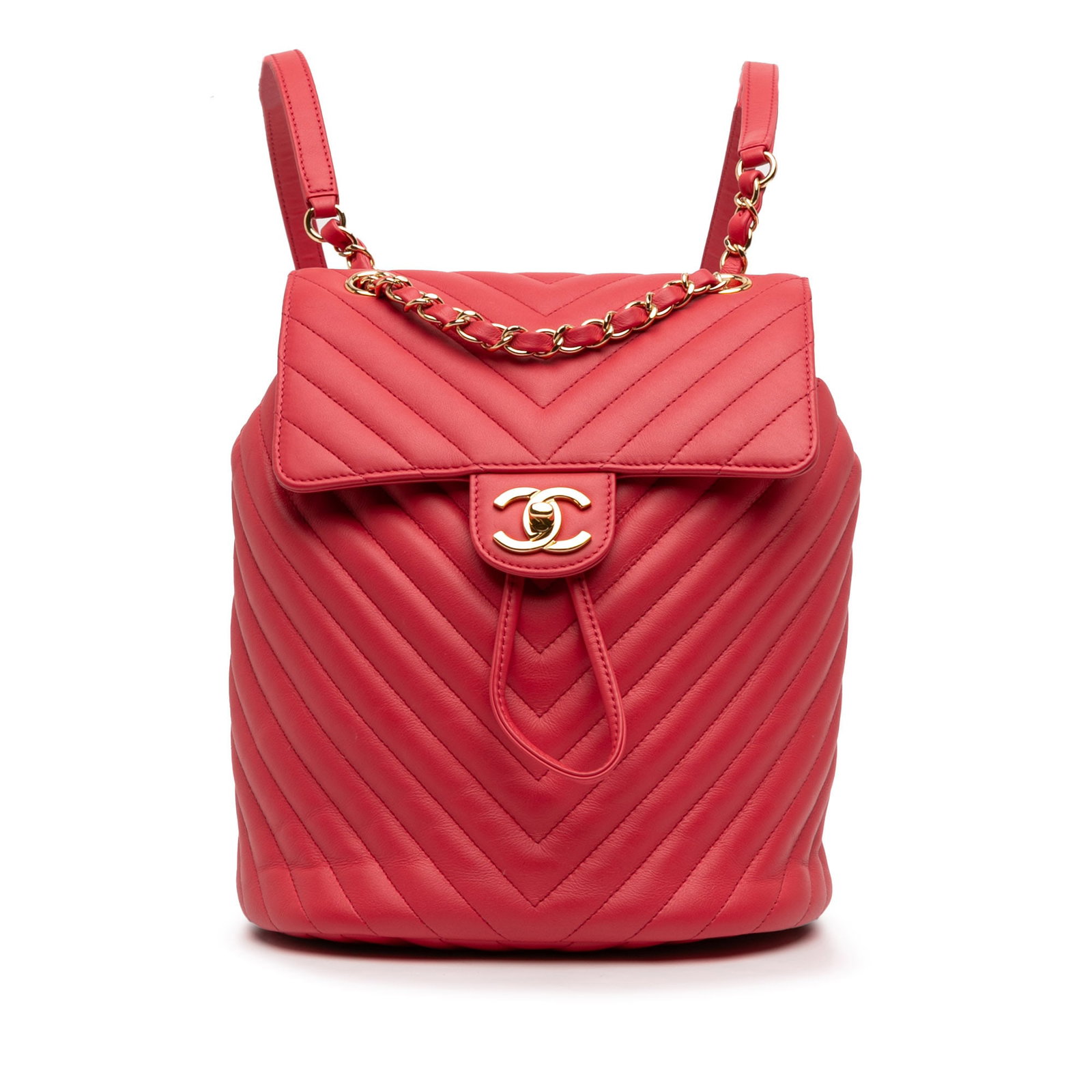 Chanel Urban Spirit red chevron calfskin backpack: Chanel Urban Spirit red chevron calfskin backpack This Chanel Small Chevron Calfskin Urban Spirit Backpack is crafted from quilted calf leather in a rich red hue. It features a gold-tone leather-woven