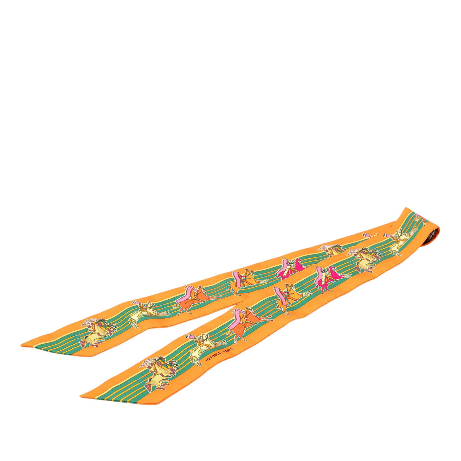 Hermes Pani La Shar Pawnee 100% Silk Twilly Scarf: Hermes Pani La Shar Pawnee 100% Silk Twilly Scarf This Hermes Twilly scarf showcases the Pani La Shar Pawnee print in a vibrant orange hue. Crafted in France from 100% silk, it offers a luxurious and 
