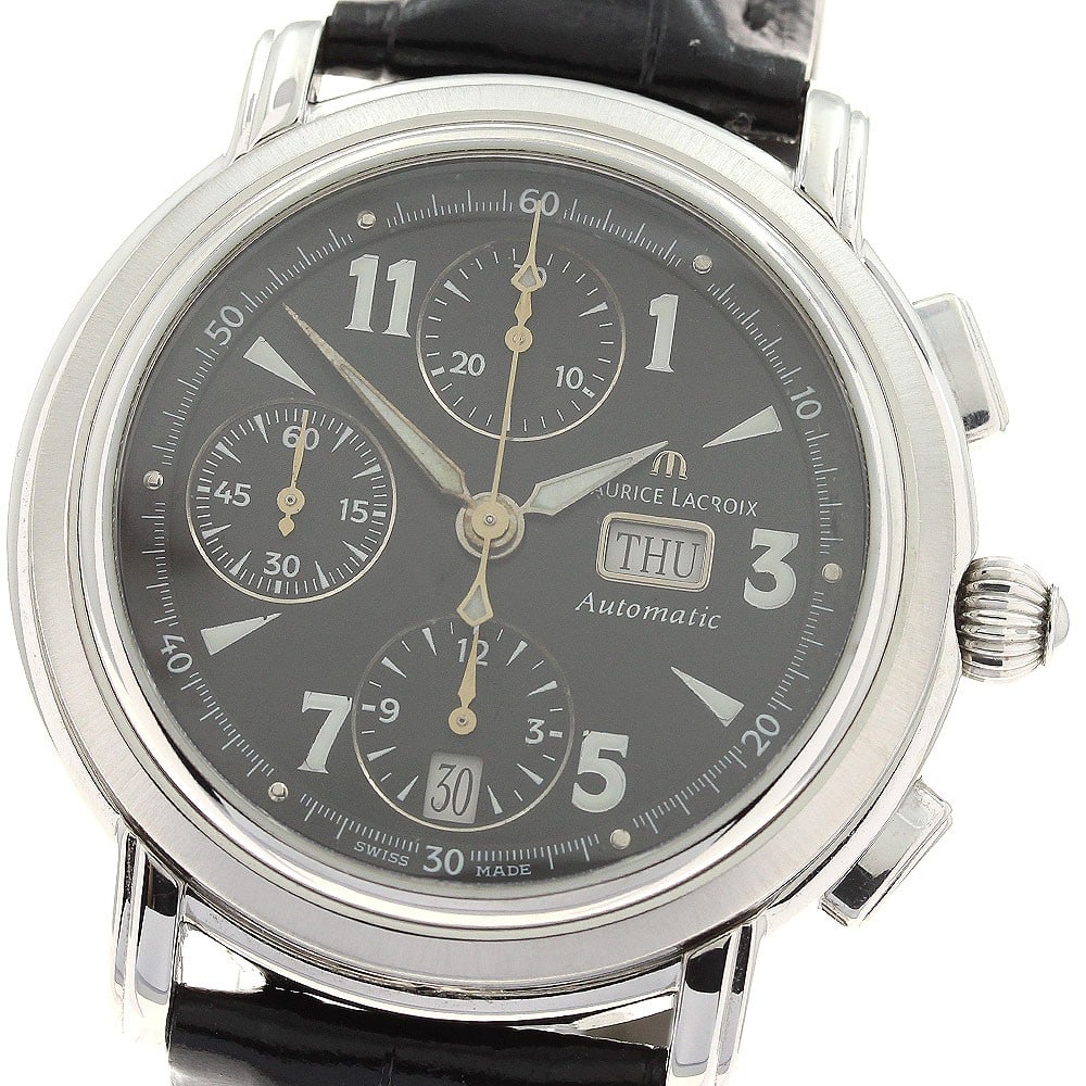 Maurice Lacroix Masterpiece automatic chronograph 40mm watch: Maurice Lacroix Masterpiece automatic chronograph 40mm watch This Maurice Lacroix Masterpiece Chronograph men's wristwatch features a stainless steel case paired with a black dial and an automatic mov