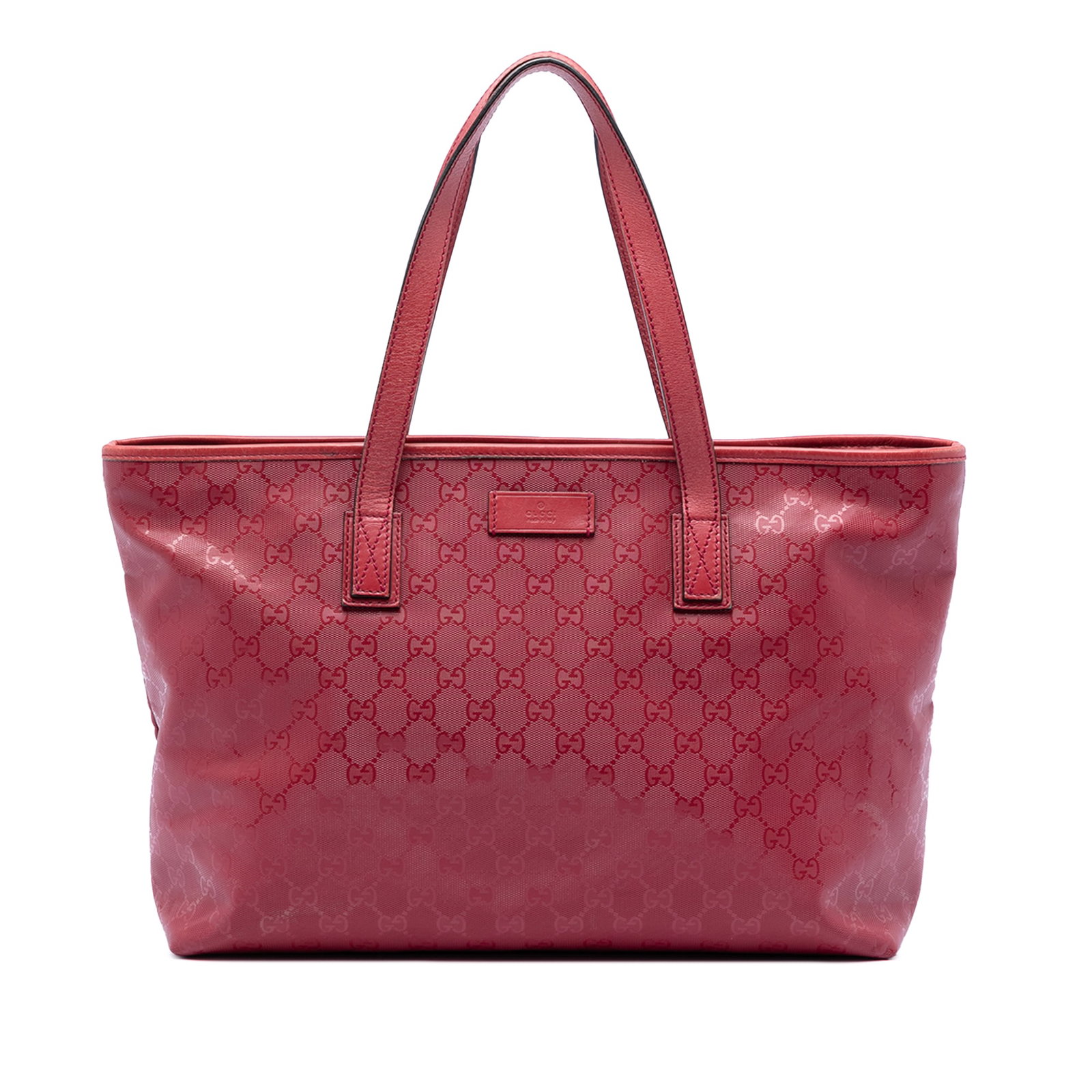Red Gucci GG Imprime Medium Tote Bag with Leather Trim: Red Gucci GG Imprime Medium Tote Bag with Leather Trim This Gucci Medium GG Imprime Tote features a coated canvas body with leather trim, flat leather handles, a top zip closure, and interior zip and 