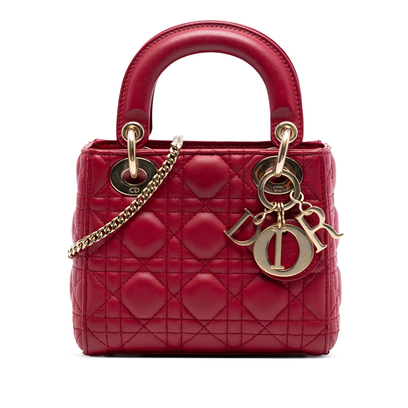 Dior Mini Lady Dior Red Lambskin Cannage Quilted Shoulder Bag: Dior Mini Lady Dior Red Lambskin Cannage Quilted Shoulder Bag This Mini Lady Dior bag showcases a quilted lambskin leather exterior in red, featuring flat leather top handles and a detachable curb cha