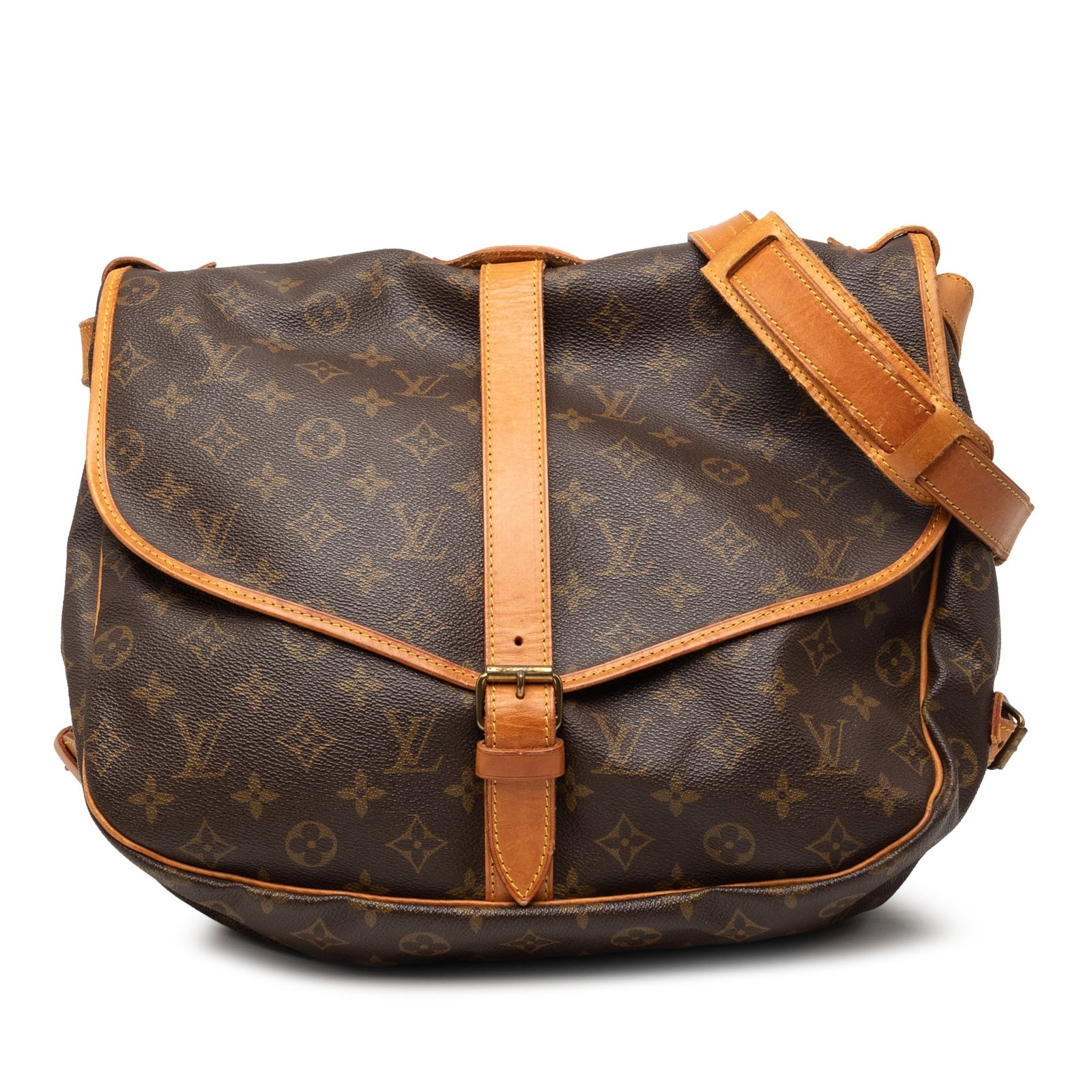 Louis Vuitton Saumur 35 Monogram Canvas Shoulder Bag: Louis Vuitton Saumur 35 Monogram Canvas Shoulder Bag Louis Vuitton Monogram Saumur 35 bag from France, featuring a monogram canvas body with vachetta leather trim and flat vachetta leather straps. It 