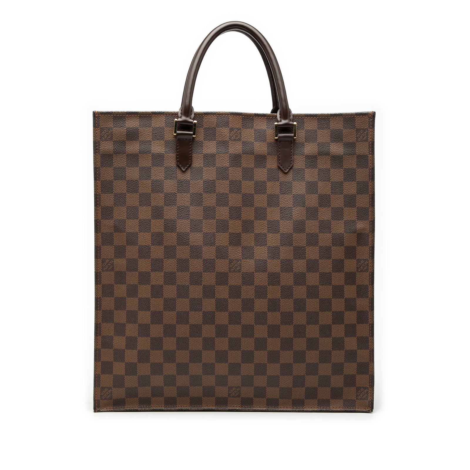 Louis Vuitton Damier Ebene tote with rolled leather handles: Louis Vuitton Damier Ebene tote with rolled leather handles This Louis Vuitton Damier Ebene Sac Plat features a brown Damier Ebene canvas body with rolled leather handles and an open top design. The i