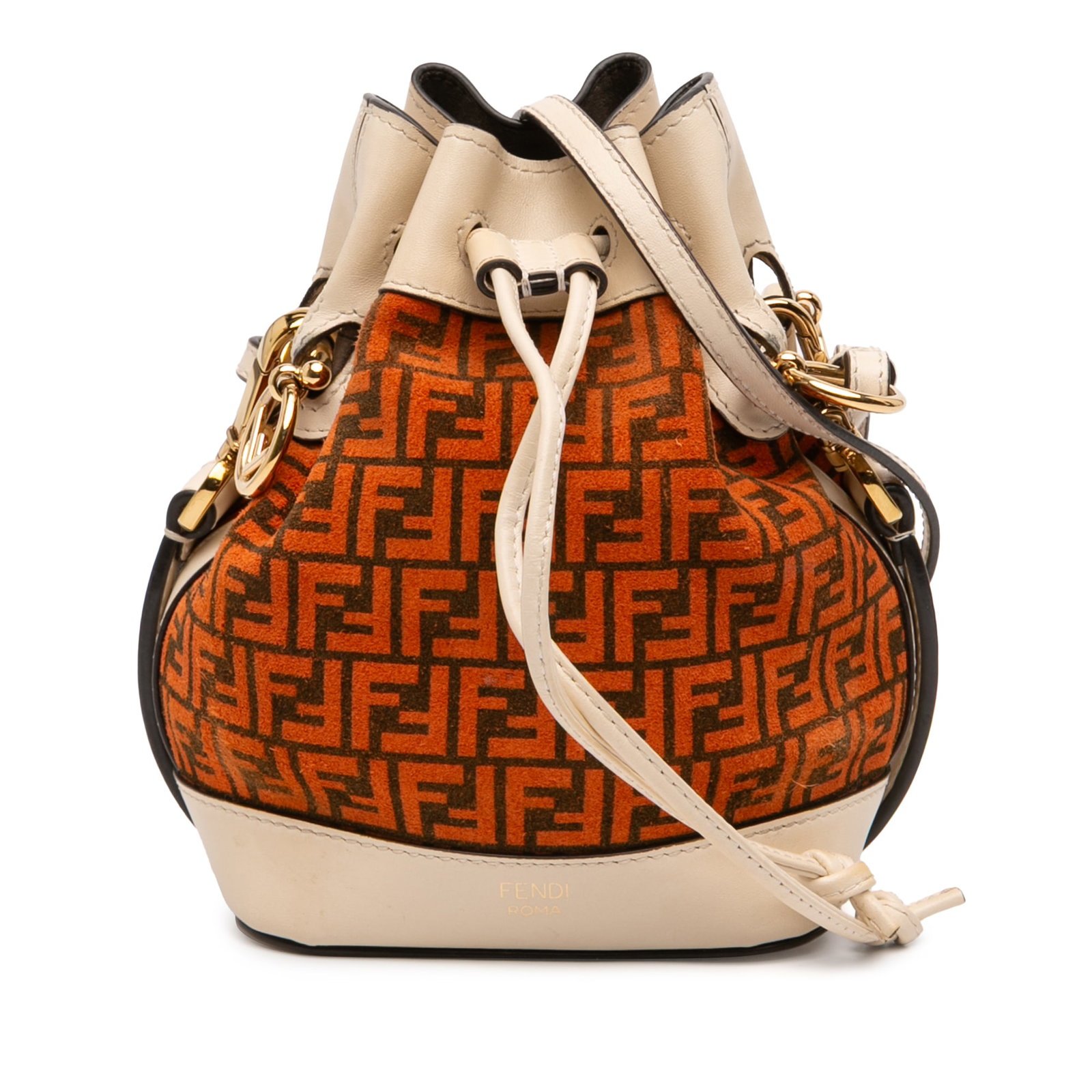 Fendi Mon Tresor Mini Bucket Bag in Orange Suede with Leather Trim: Fendi Mon Tresor Mini Bucket Bag in Orange Suede with Leather Trim This Fendi Mini Zucca Suede Mon Tresor Bucket Bag features a suede body with calf leather trim, a detachable flat leather strap, and 