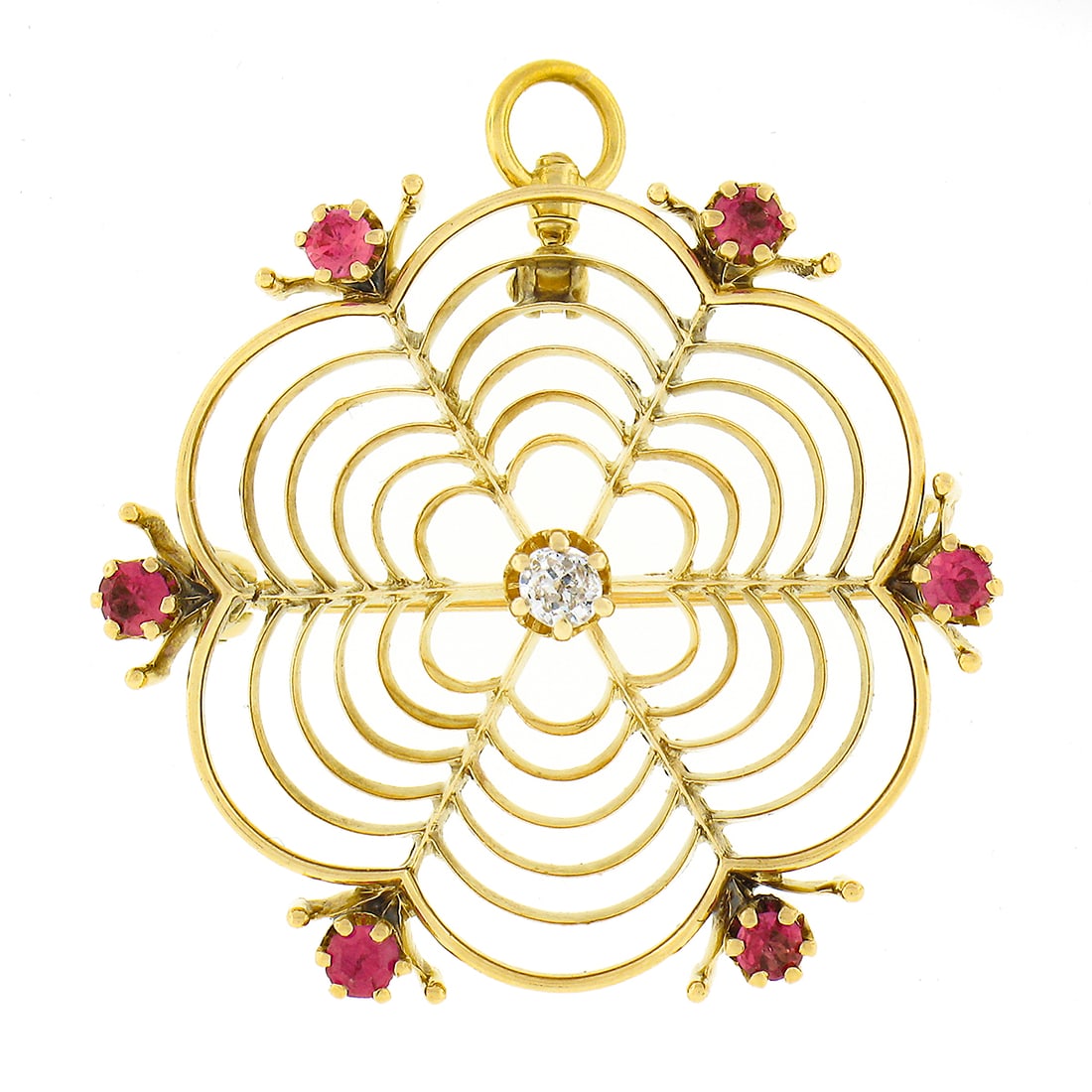 Victorian 14k Yellow Gold Spider Web Brooch Pendant with Diamond and Red Stones: Victorian 14k Yellow Gold Spider Web Brooch Pendant with Diamond and Red Stones Antique Victorian brooch pin pendant crafted in 14k solid yellow gold with an open spider web design. The piece is set w