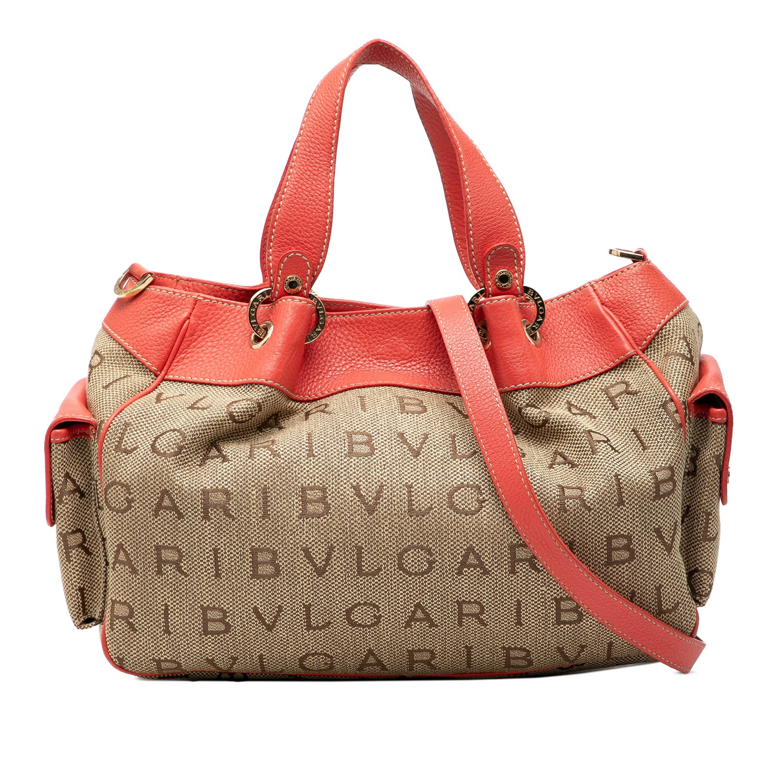 Beige Bvlgari Logomania Canvas Satchel Bag with Leather Trim: Beige Bvlgari Logomania Canvas Satchel Bag with Leather Trim The Bvlgari Logomania Canvas Satchel features a beige canvas body with leather trim, flat leather handles, and a detachable flat leather st