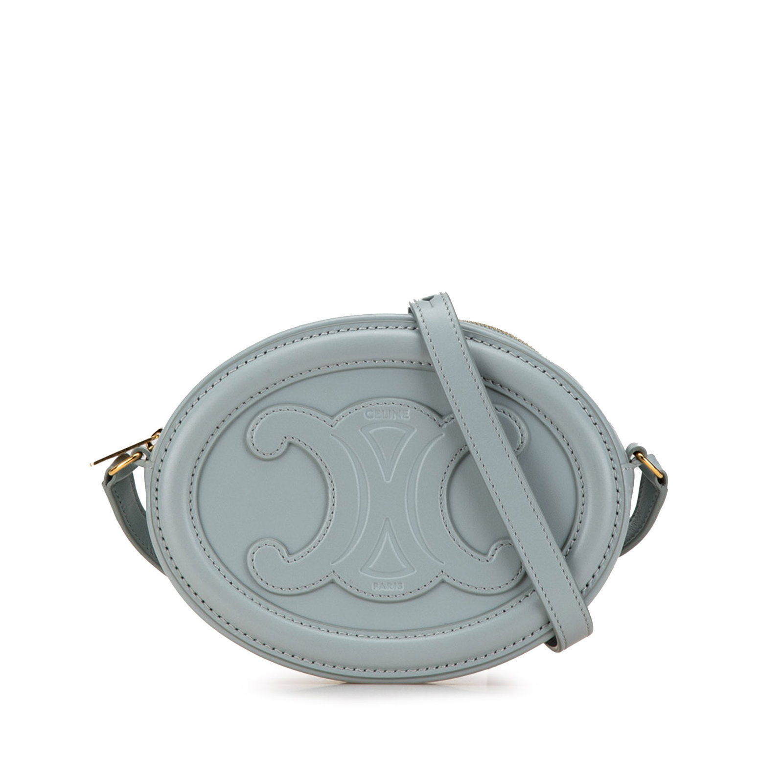 Celine Triomphe Oval Blue Leather Small Crossbody Bag: Celine Triomphe Oval Blue Leather Small Crossbody Bag This Celine Small Calfskin Cuir Triomphe Oval Crossbody bag is crafted from embossed leather in blue and features a flat leather shoulder strap an