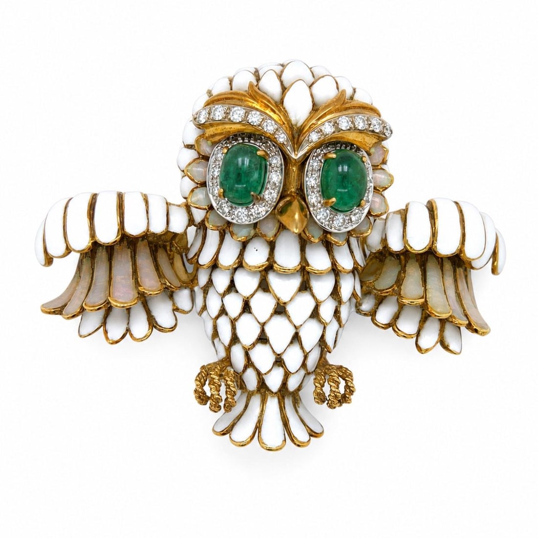 Emerald and Diamond Owl Brooch in 18K Yellow Gold 1970s (1 of 5)