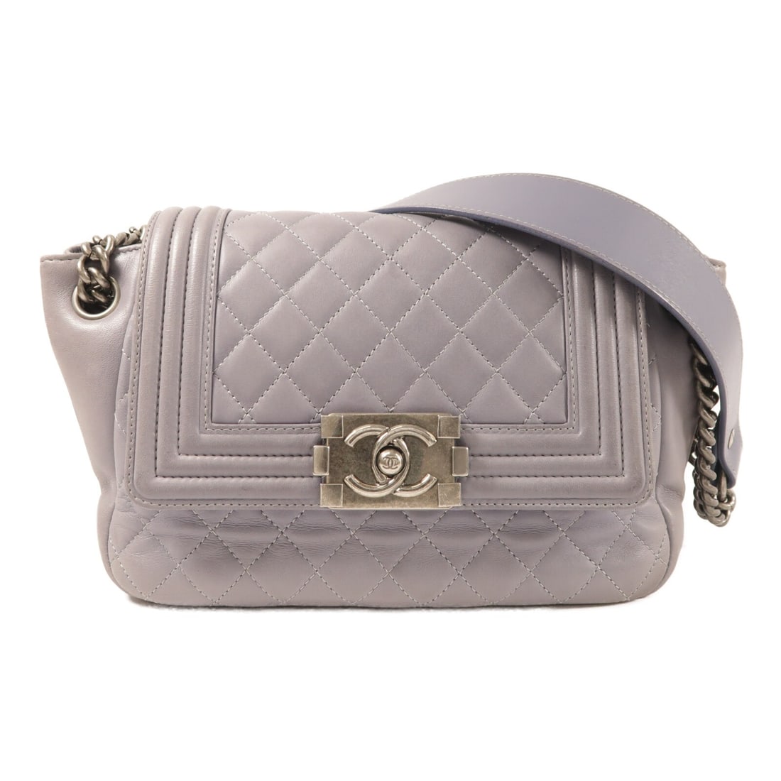 CHANEL CC Lambskin Shoulder Bag Gray Silver Tone Hardware: CHANEL CC Lambskin Shoulder Bag Gray Silver Tone Hardware CHANEL shoulder bag crafted from lambskin (sheep leather) in gray with purple noted in the color description. It features a flap closure, one 