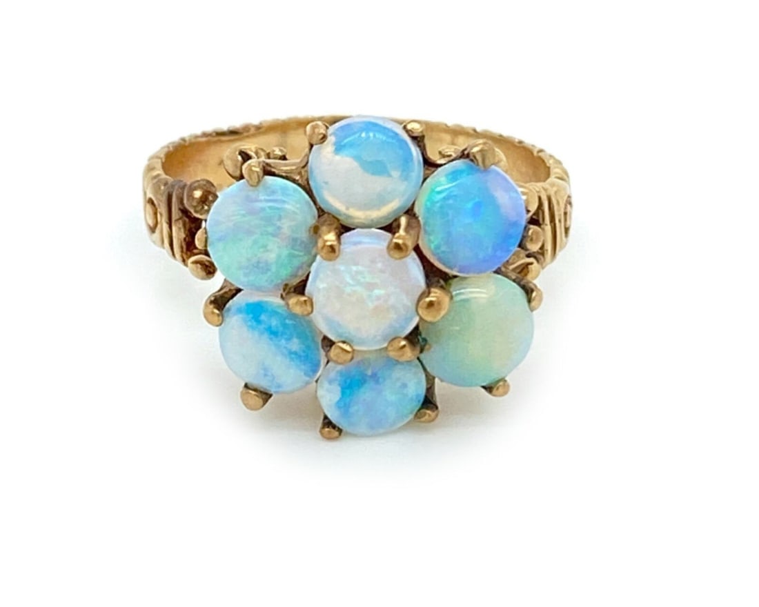 10k Yellow Gold Opal Floral Victorian Ring Unbranded Size 6.5: 10k Yellow Gold Opal Floral Victorian Ring Unbranded Size 6.5 A vintage/estate Victorian opal floral ring crafted in 10k yellow gold. The design features opals measuring approximately 5 mm each and a 