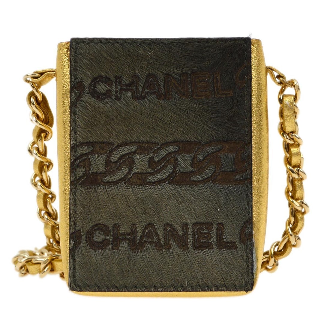 Chanel khaki leather cigarette case with chain strap: Chanel khaki leather cigarette case with chain strap Khaki Chanel cigarette case pouch bag with a chain shoulder strap, made in Italy. It is described as being in good condition, with dirt on the outs