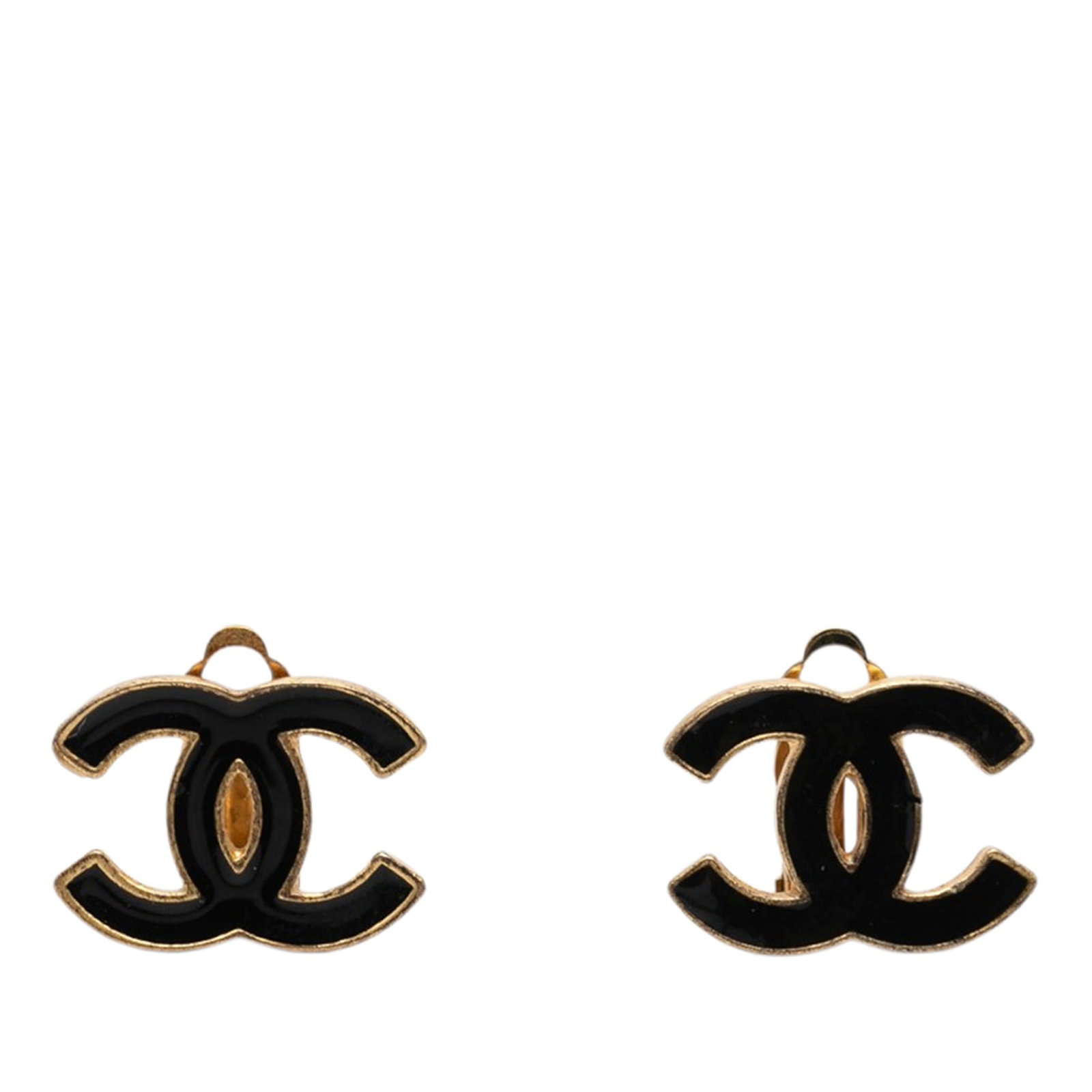 Chanel CC Clip On Earrings Gold Plated Enamel Black: Chanel CC Clip On Earrings Gold Plated Enamel Black Chanel CC enamel and gold plated clip-on earrings in black, made in France. The earrings feature a gold-plated metal and enamel body with clip-on cl