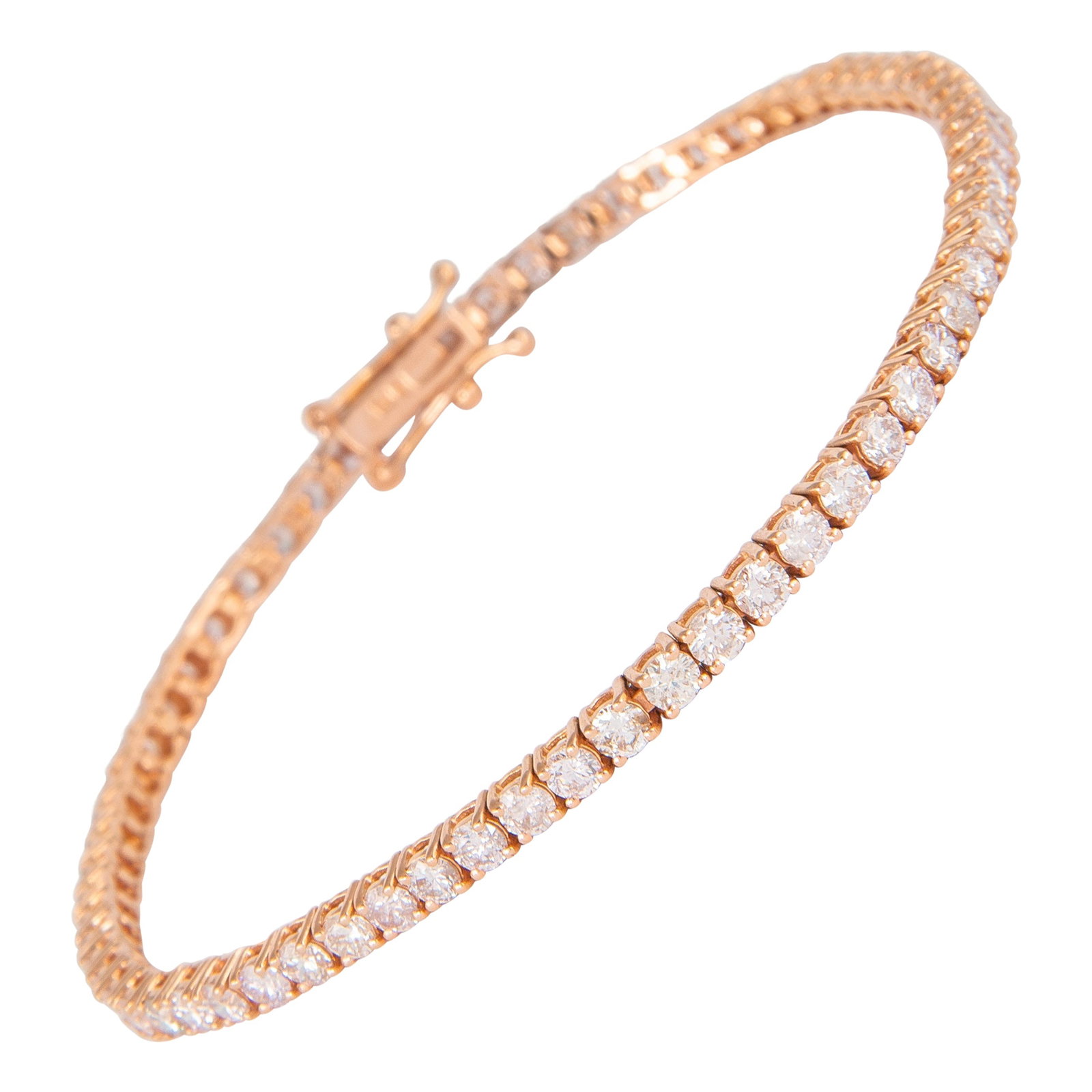 4.03ct Diamond Tennis Bracelet 14k Rose Gold Modern Design: 4.03ct Diamond Tennis Bracelet 14k Rose Gold Modern Design This stunning 4.03ct diamond tennis bracelet is crafted from 14k rose gold, featuring 66 round brilliant diamonds that total 4.03 carats. The
