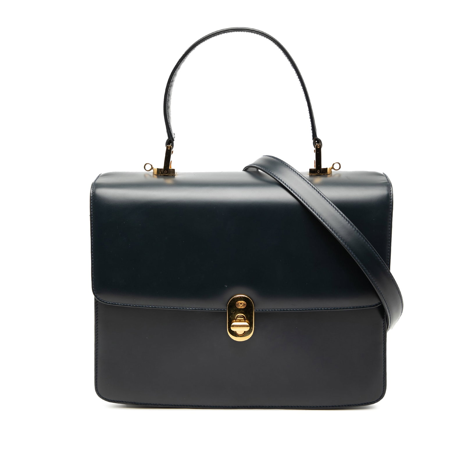 Gucci Calfskin Sideline Blue Leather Satchel with Turn Lock Flap: Gucci Calfskin Sideline Blue Leather Satchel with Turn Lock Flap This Gucci Calfskin Turnlock Sideline Handbag features a blue leather body with a flat leather top handle and a detachable flat leather