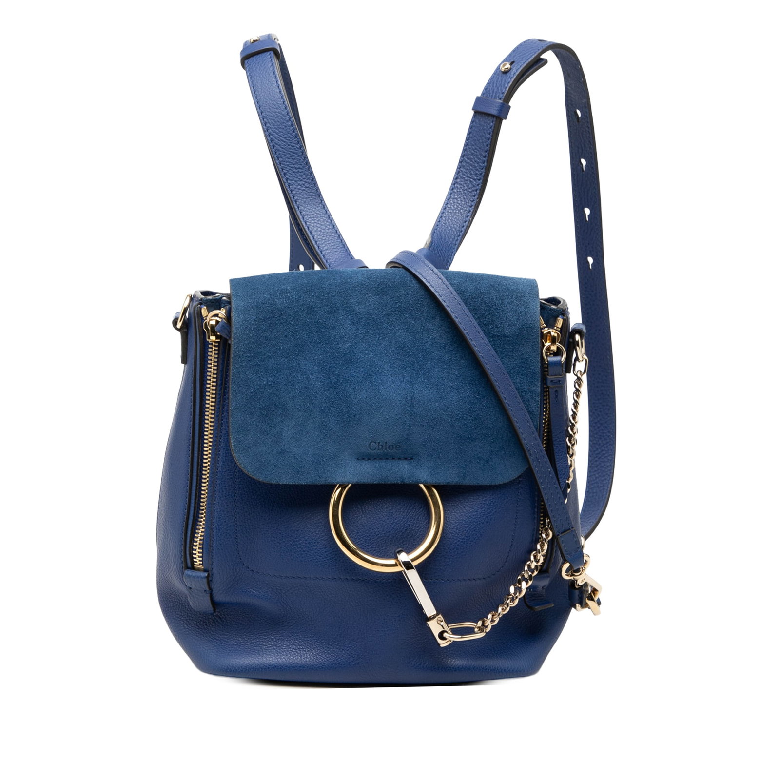 Chloe Faye Medium Calfskin Suede Backpack Blue: Chloe Faye Medium Calfskin Suede Backpack Blue Chloe Medium Calfskin and Suede Faye Backpack in blue, crafted in Italy. This backpack features a leather body with zip details, adjustable flat back str