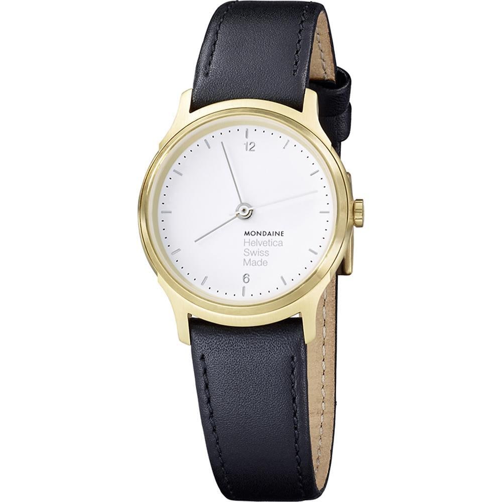 Mondaine Helvetica No1 26mm Gold-Tone Ladies Watch Quartz Black Leather Strap: Mondaine Helvetica No1 26mm Gold-Tone Ladies Watch Quartz Black Leather Strap The Mondaine Helvetica No1 is a stylish wristwatch designed for women, featuring a 26mm round case made of PVD coated stai