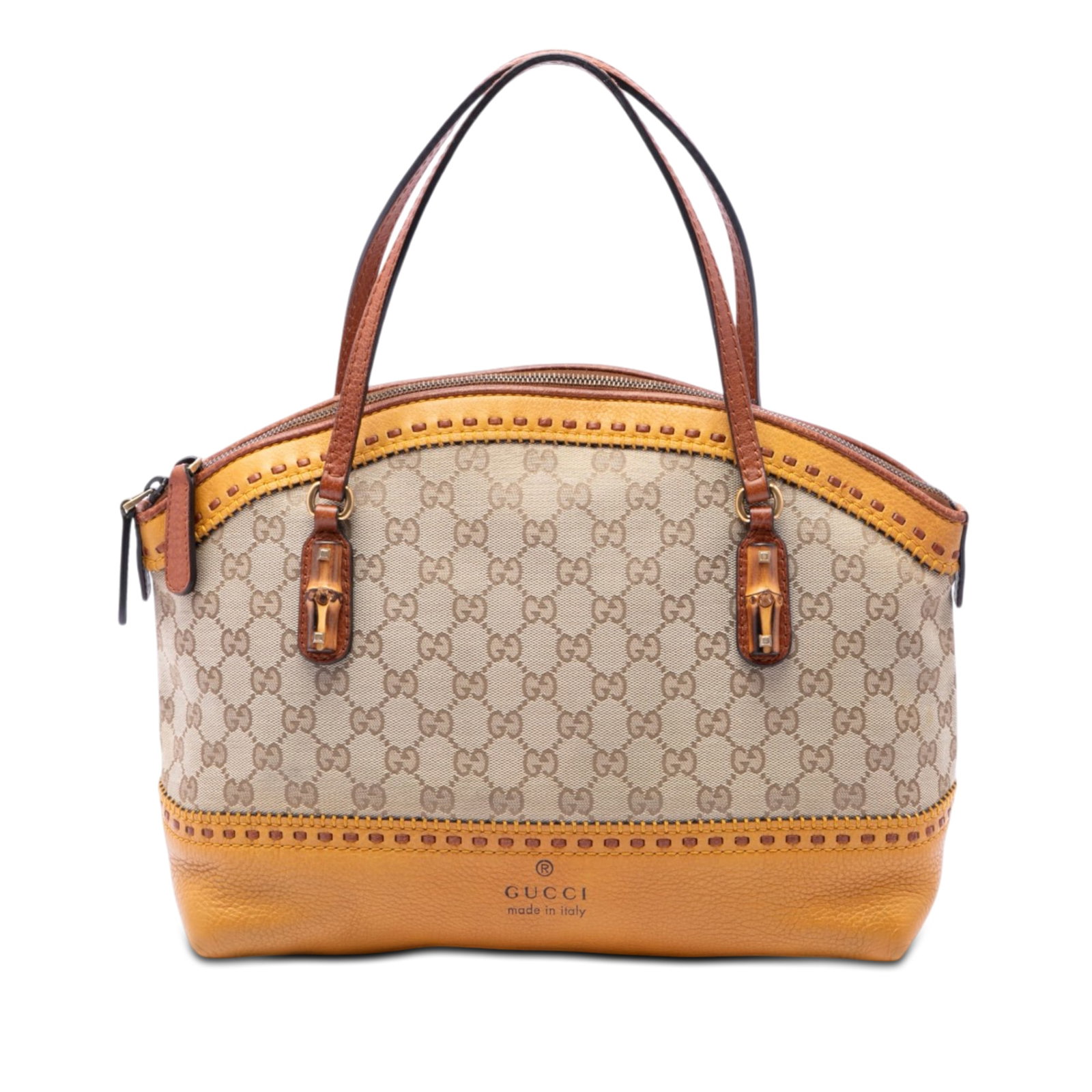 Gucci Crafty Laidback GG Canvas Handbag with Leather Trim: Gucci Crafty Laidback GG Canvas Handbag with Leather Trim Gucci GG Canvas Laidback Crafty handbag with a canvas body and leather trim. It features flat leather handles, a top zip closure, and an inter