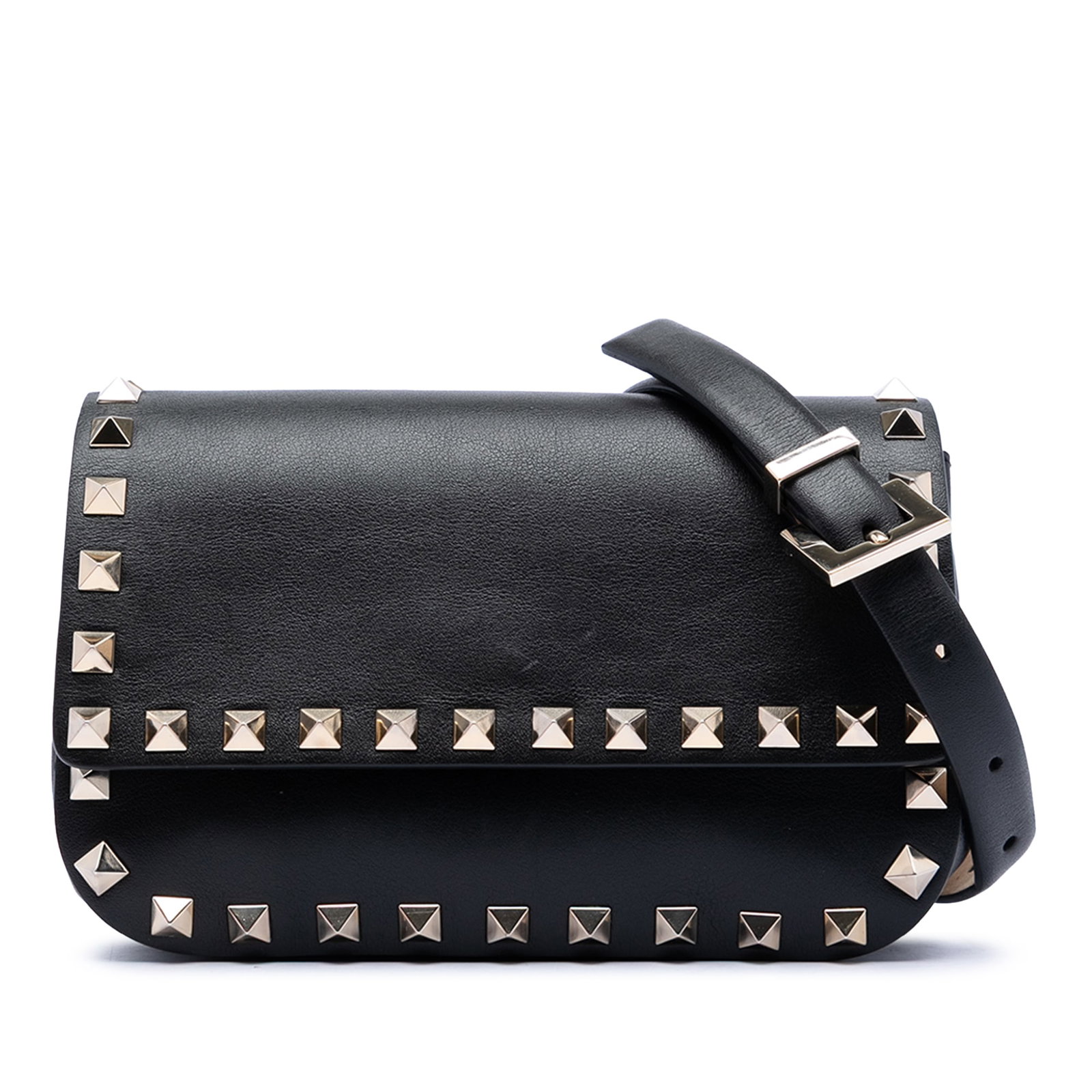 Valentino Rockstud Leather Waist Bag with Dust Bag and Box: Valentino Rockstud Leather Waist Bag with Dust Bag and Box Valentino Leather Rockstud Belt Bag in black leather, made in Italy. It features rockstud detail, an adjustable flat waist strap, a flap with