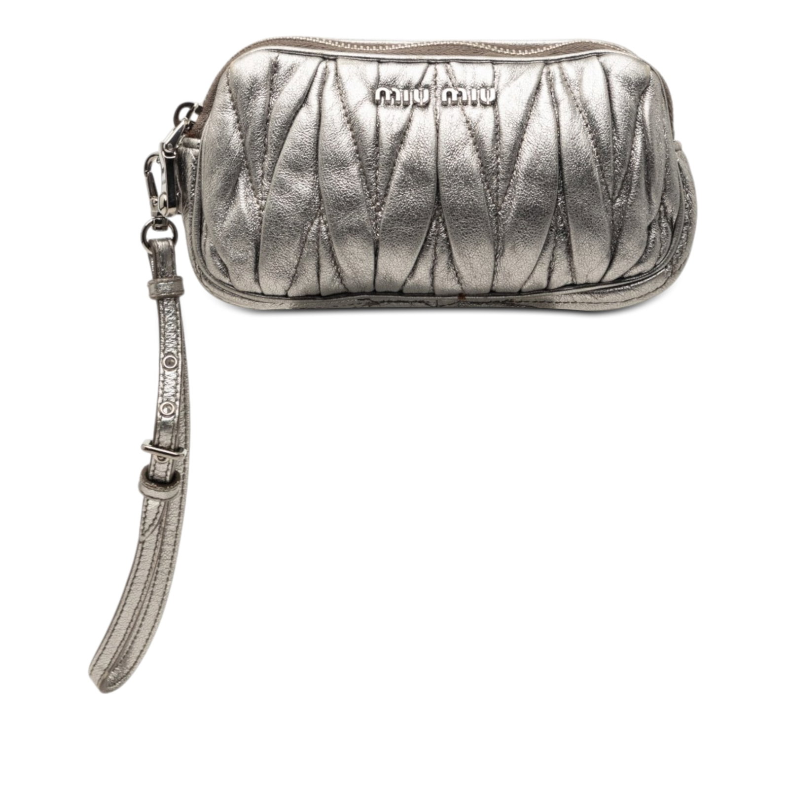 Miu Miu silver nappa leather Matelasse pouch with wrist strap: Miu Miu silver nappa leather Matelasse pouch with wrist strap This Miu Miu Matelasse Metallic Nappa Double Zip Pouch features a silver metallic nappa leather exterior with a signature matelasse textur