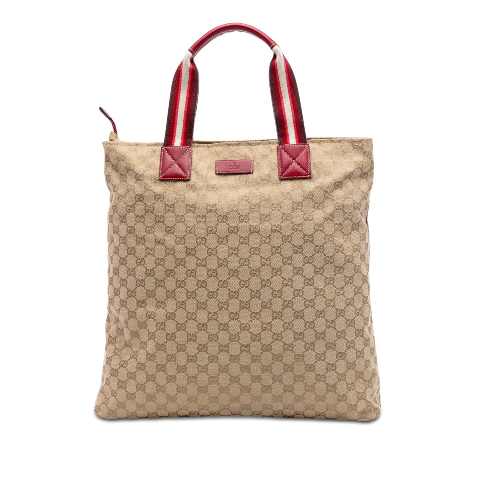 Gucci beige canvas tote with leather trim and web strap handles: Gucci beige canvas tote with leather trim and web strap handles This Gucci GG Canvas Web Vertical Tote features a beige canvas body with leather trim and flat leather handles accented by web strap det