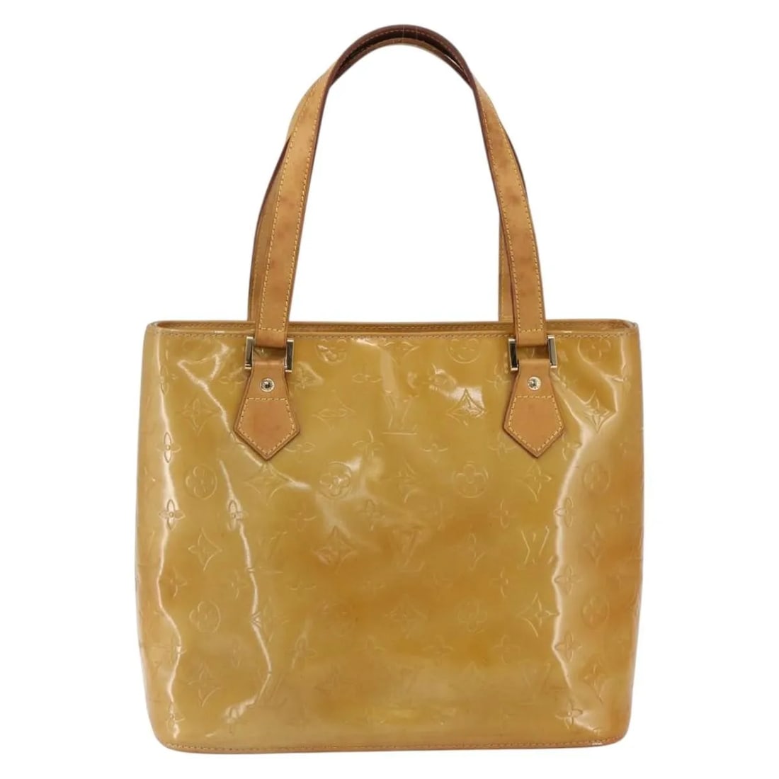 Houston Vernis Patent Leather Tote by Louis Vuitton in Beige: Houston Vernis Patent Leather Tote by Louis Vuitton in Beige The Louis Vuitton Houston Handbag in Monogram Vernis features a beige patent leather exterior with a structured silhouette. It is designed 