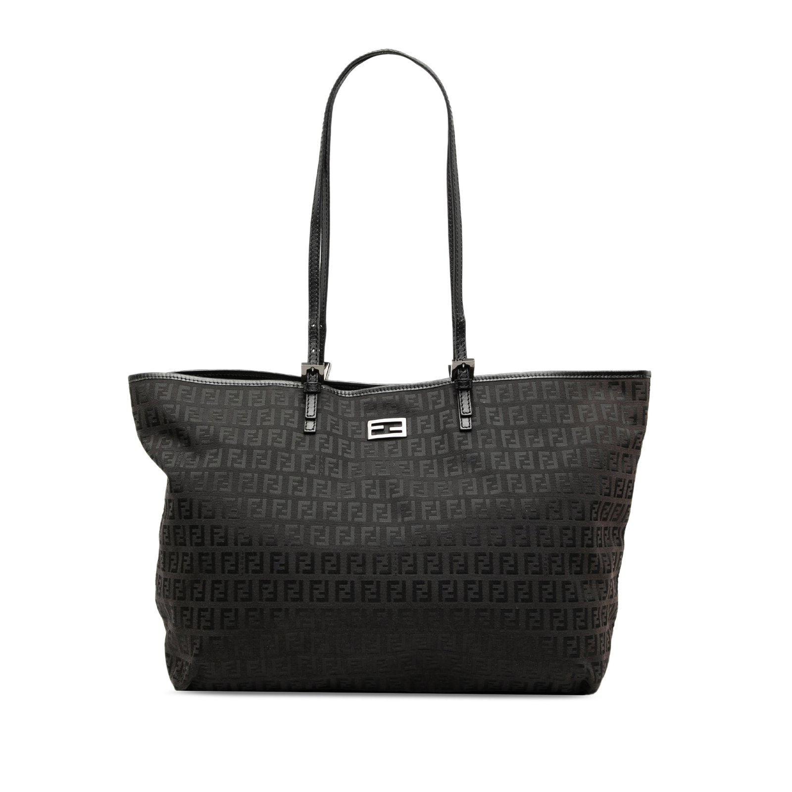 Fendi black canvas tote with leather trim: Fendi black canvas tote with leather trim This Fendi Zucchino Canvas Tote features a canvas body with leather trim, flat leather straps, an open top with magnetic snap closure, and an interior slip po