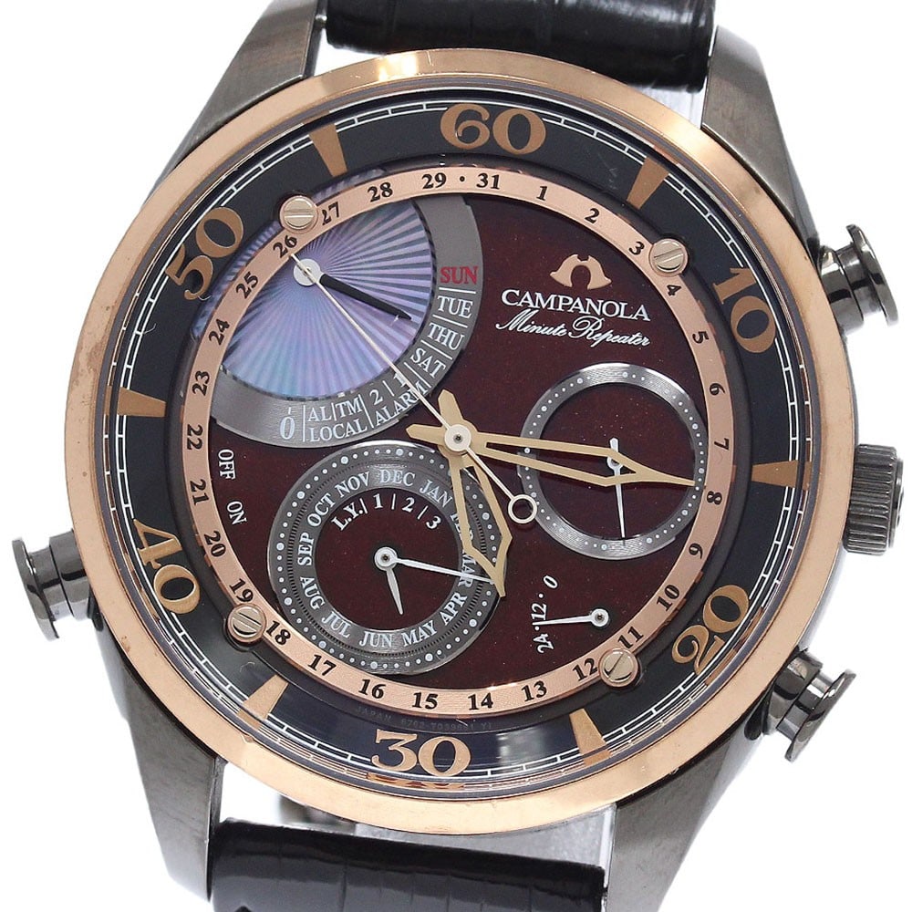 Citizen Campanola Deep Crimson Minute Repeater Men's Watch AH7065-09Y 6762-T026575: Citizen Campanola Deep Crimson Minute Repeater Men's Watch AH7065-09Y 6762-T026575 Pre-owned CITIZEN Campanola Deep Crimson men's wristwatch with a bordeaux dial and quartz movement. It features day-d