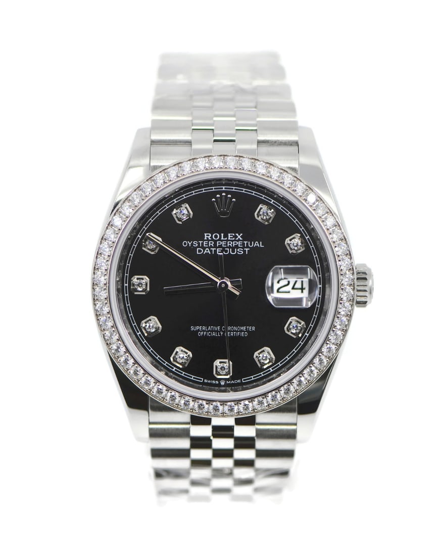 Rolex Datejust 126284RBR Automatic 36mm Steel Black Dial Diamond Bezel Watch: Rolex Datejust 126284RBR Automatic 36mm Steel Black Dial Diamond Bezel Watch This Rolex Datejust 126284RBR wristwatch features a 36 mm stainless steel case, a diamond bezel, and a black dial. The watc