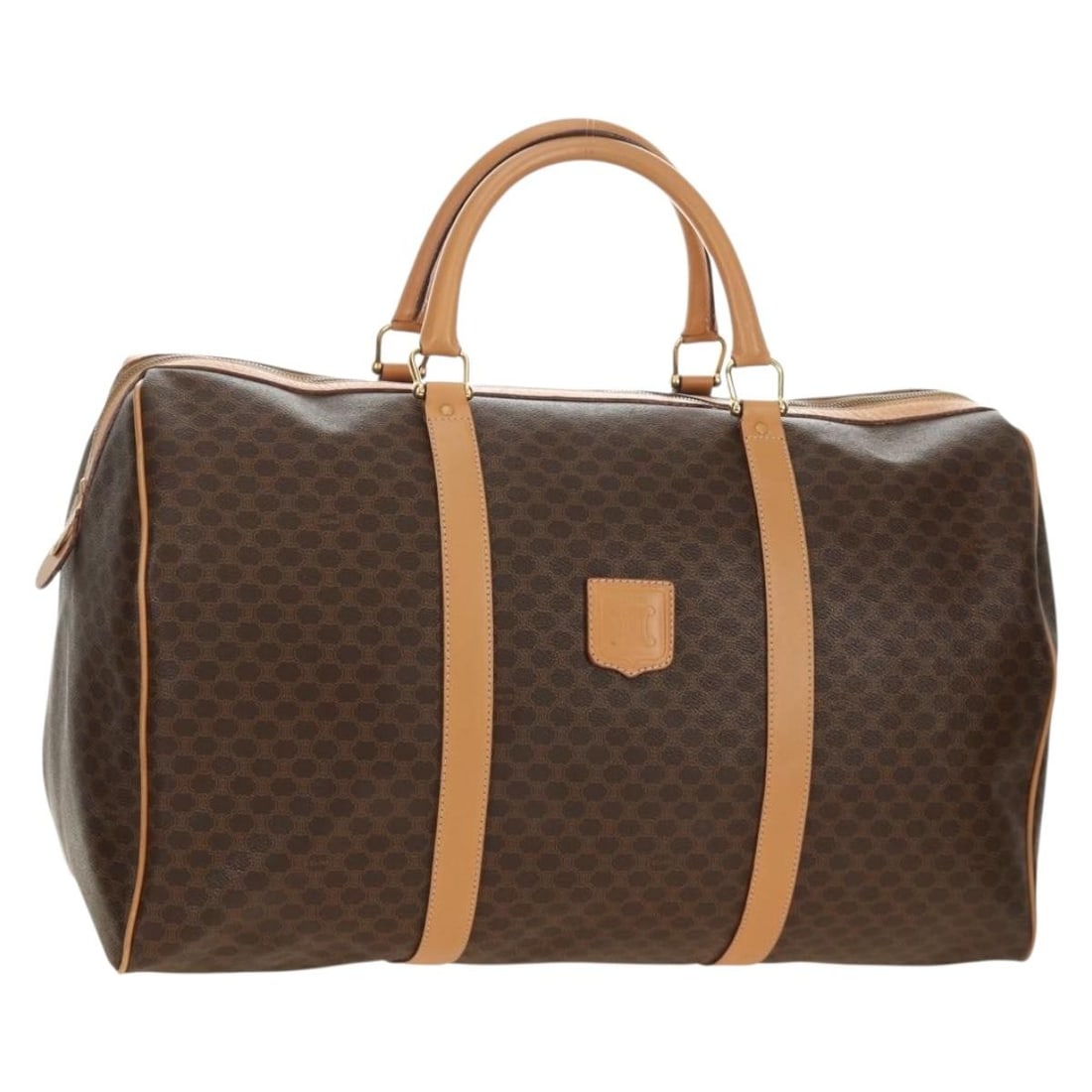 CELINE Macadam Boston Bag Brown PVC Leather Gold Tone: CELINE Macadam Boston Bag Brown PVC Leather Gold Tone A CELINE Boston bag in brown and gold, crafted from PVC leather and Macadam canvas. Made in Italy, it measures approximately W48 x H30 x D18 cm wi