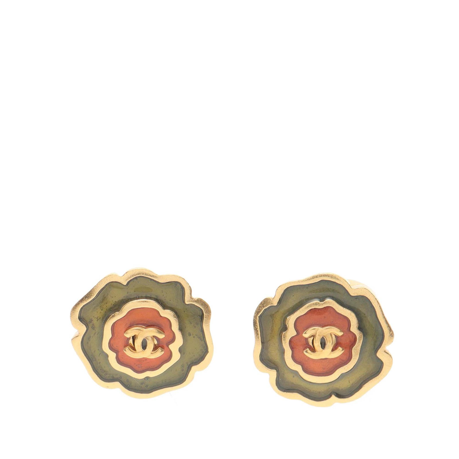 Chanel green camellia stud earrings enamel CC push backs (1 of 7)