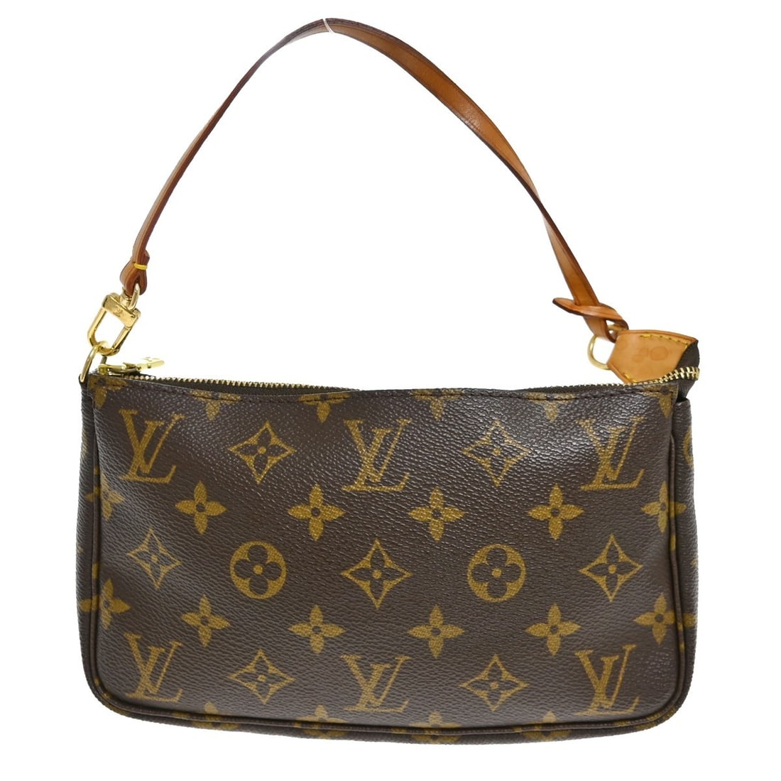 Louis Vuitton Monogram Pochette Accessoires Pouch M51980 VI0033: Louis Vuitton Monogram Pochette Accessoires Pouch M51980 VI0033 Vintage Louis Vuitton Pochette Accessoires handbag in brown Monogram canvas with leather trim. This small zip-top pouch features a top h